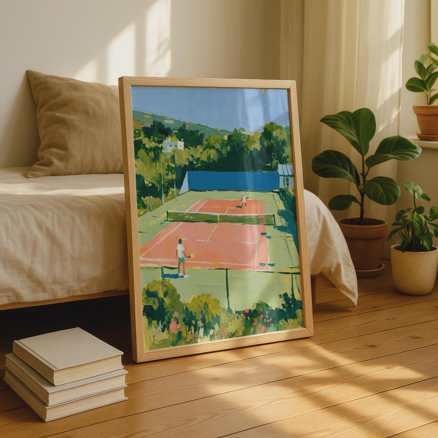 Tennis Court Art Print, Colourful Sports Poster, Oil Painting Style, Summer Wall Art