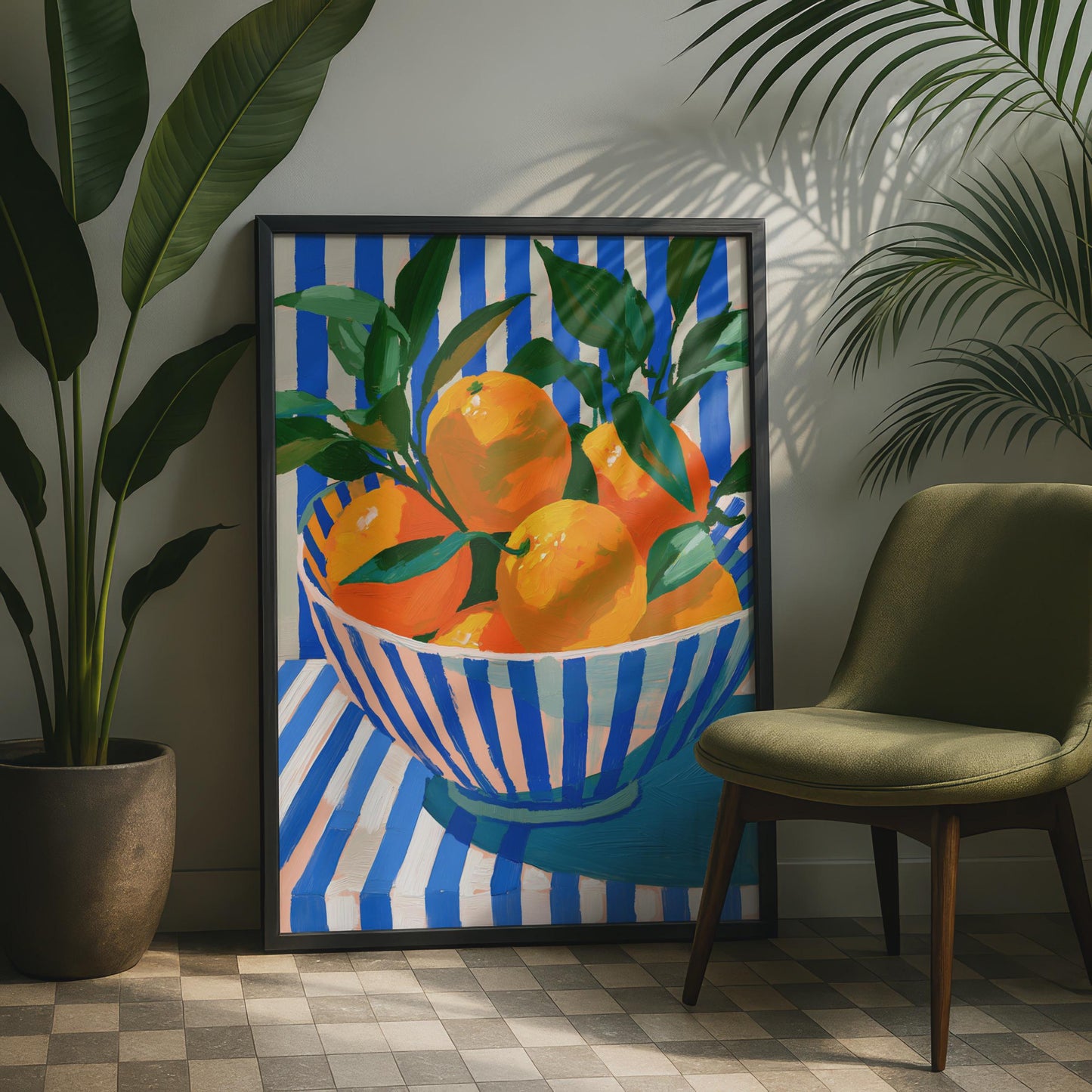 Bowl of Oranges Print, Colourful Fruit Still Life Poster, Blue Stripe Kitchen Wall Art