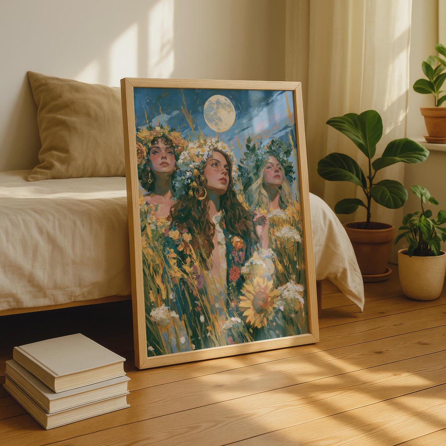 Three Goddesses Full Moon Print, Flower Crown Women, Botanical Celestial Wall Art Poster