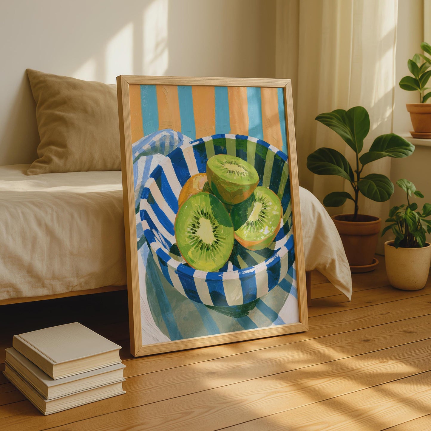 Kiwi Fruit Bowl Print, Still Life Kitchen Wall Art, Colourful Striped Poster