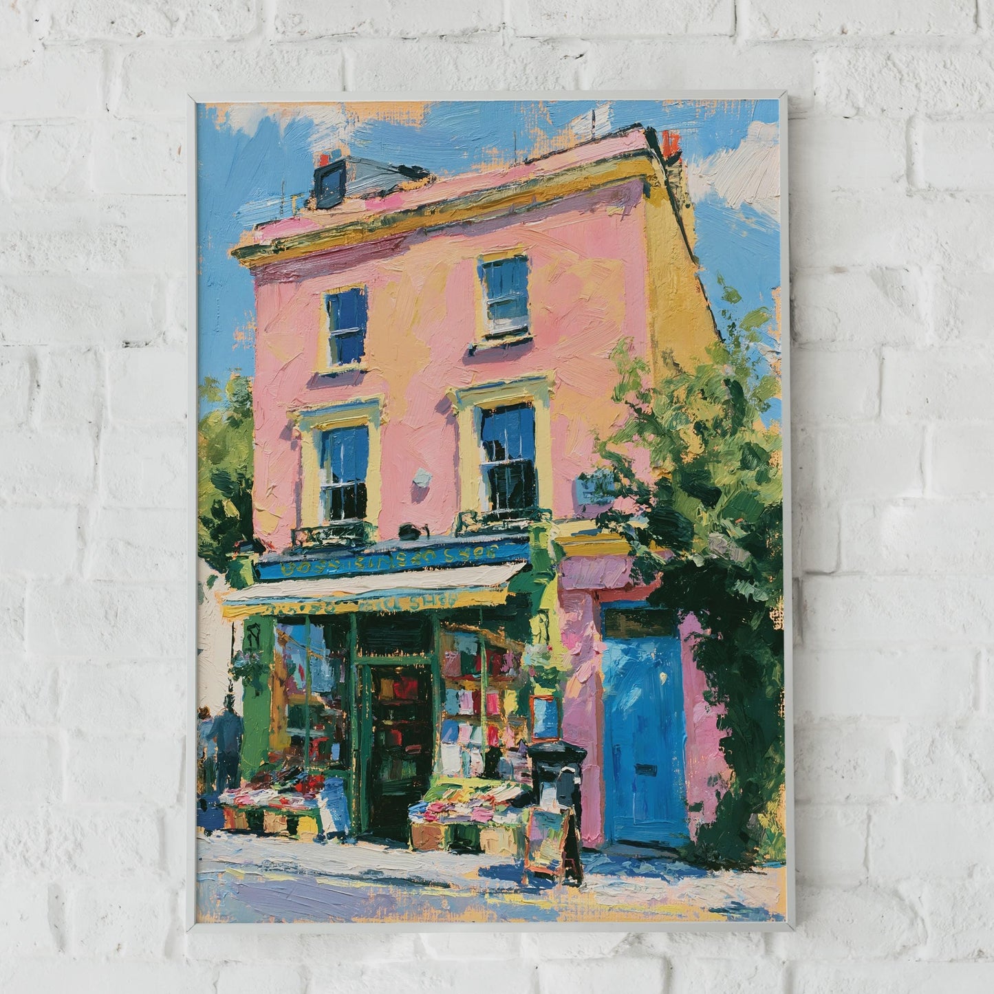 Bookshop Art Print, Colourful Street Scene Poster, Impasto Style Wall Art, Pink Building