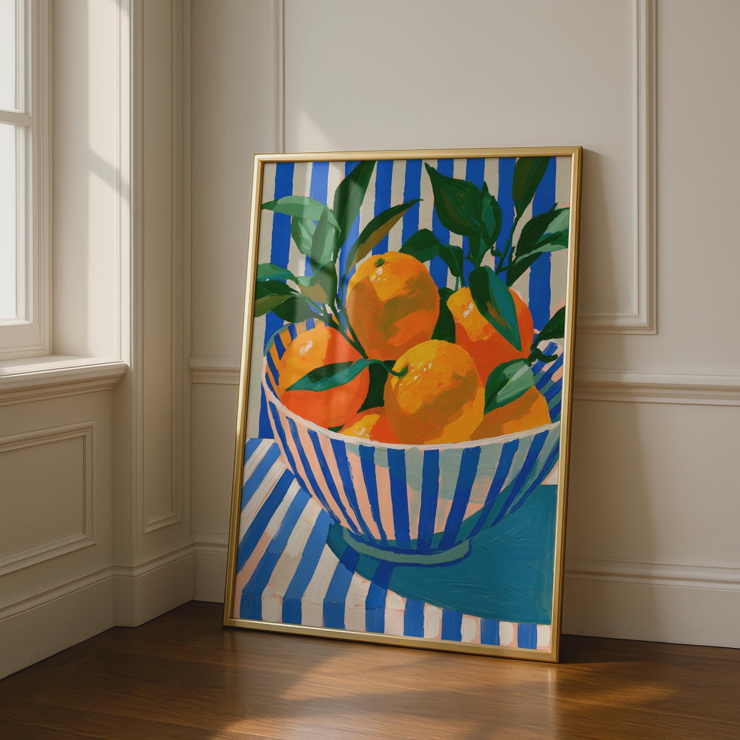 Bowl of Oranges Print, Colourful Fruit Still Life Poster, Blue Stripe Kitchen Wall Art