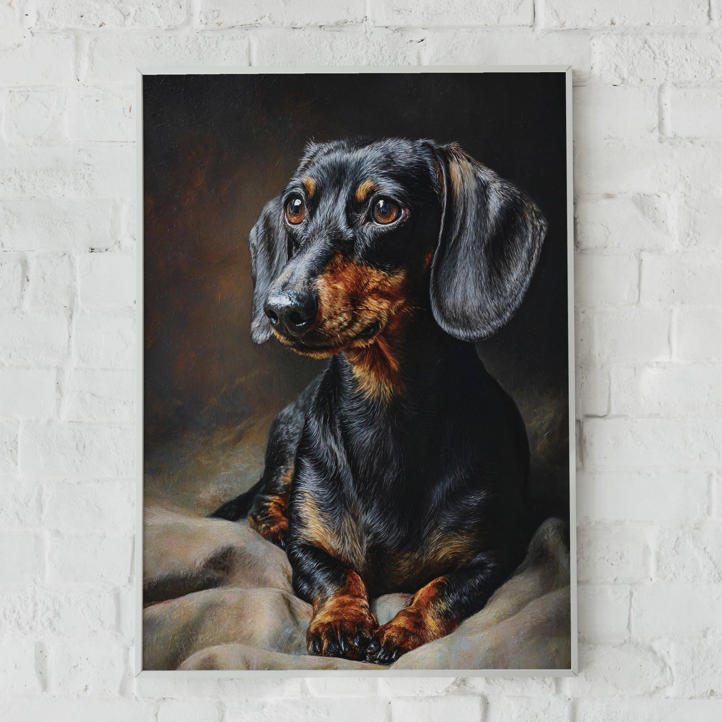 Dachshund Portrait Print, Black Tan Sausage Dog Wall Art, Classic Oil Painting Style