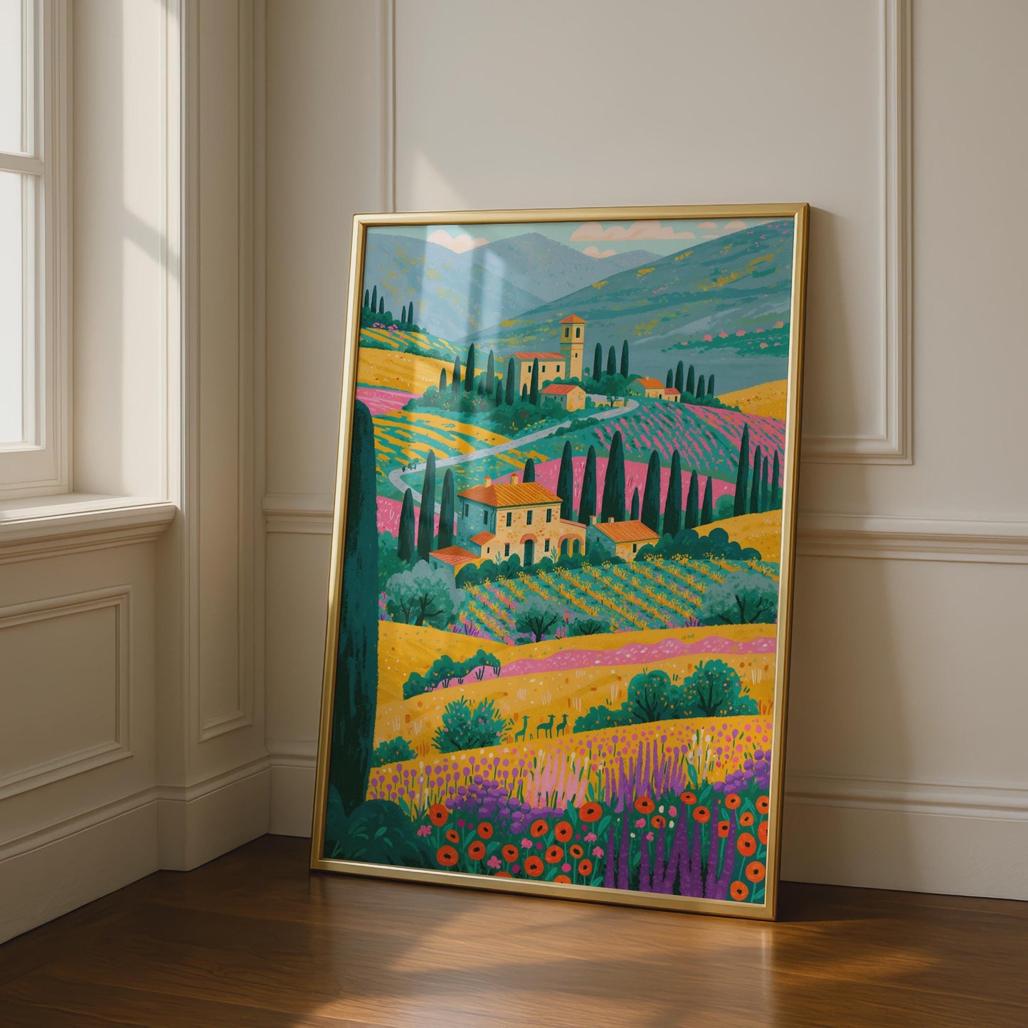 Italian Valley Print, Tuscany Landscape Poster, Colourful Italy Wall Art, Farmhouse Countryside