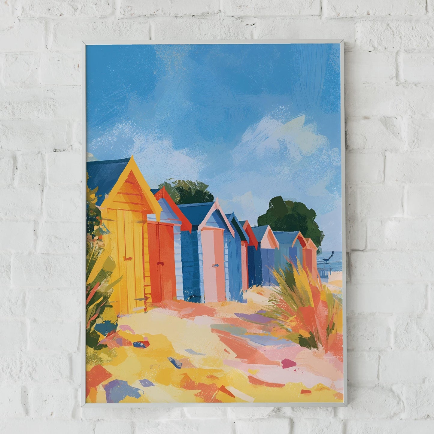 Colourful Beach Huts Art Print, Coastal Wall Art, Seaside Poster, British Summer