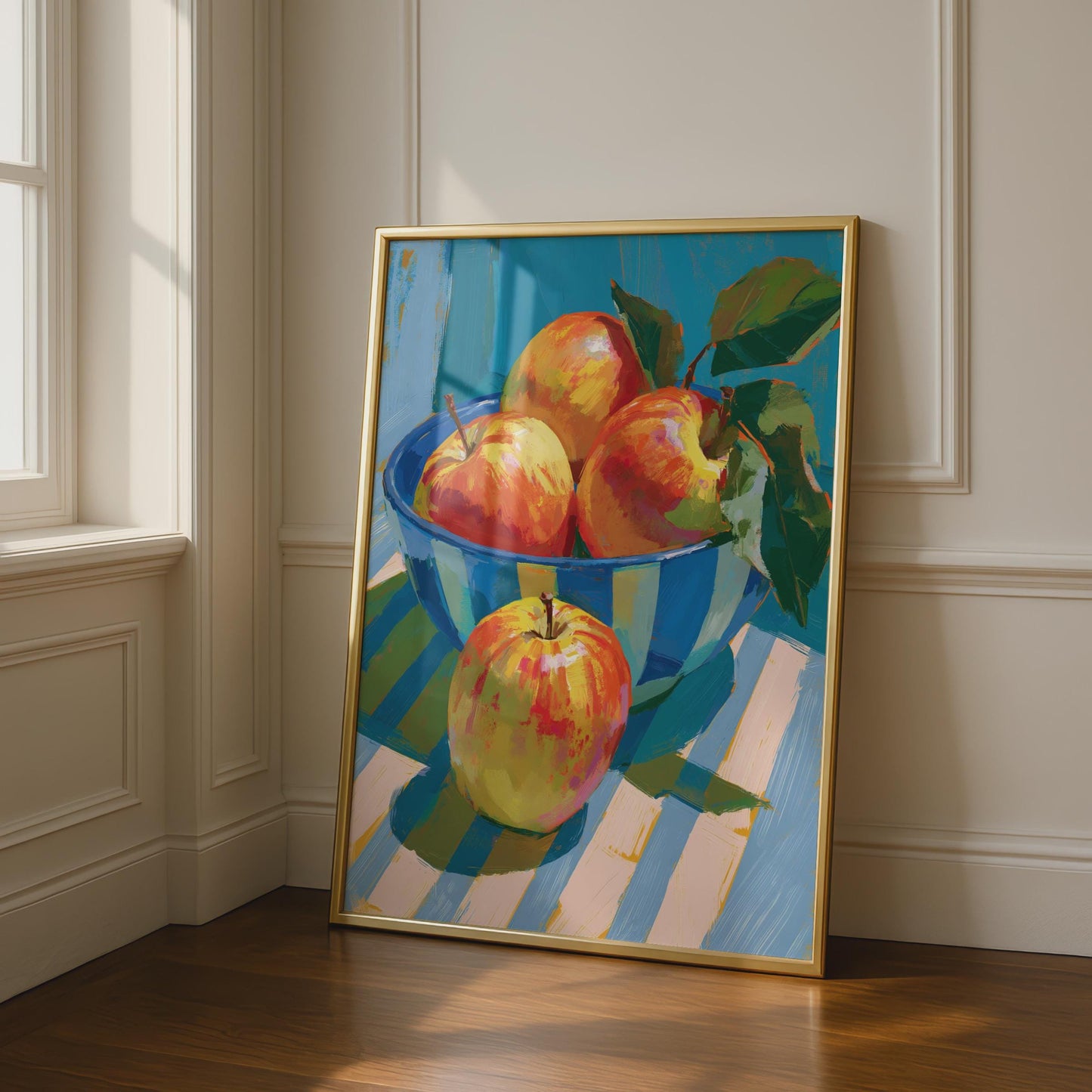 Bowl of Apples Still Life Print, Colourful Fruit Kitchen Wall Art, Blue Teal Poster