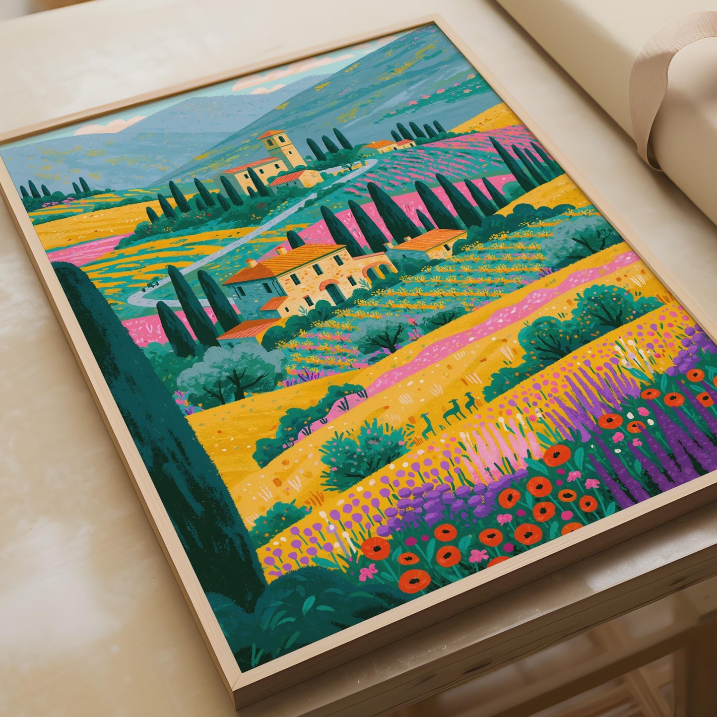 Italian Valley Print, Tuscany Landscape Poster, Colourful Italy Wall Art, Farmhouse Countryside