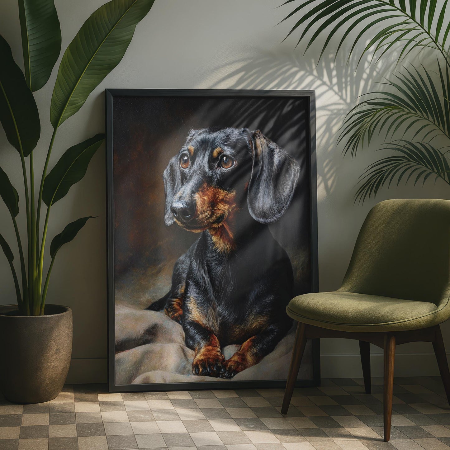 Dachshund Portrait Print, Black Tan Sausage Dog Wall Art, Classic Oil Painting Style