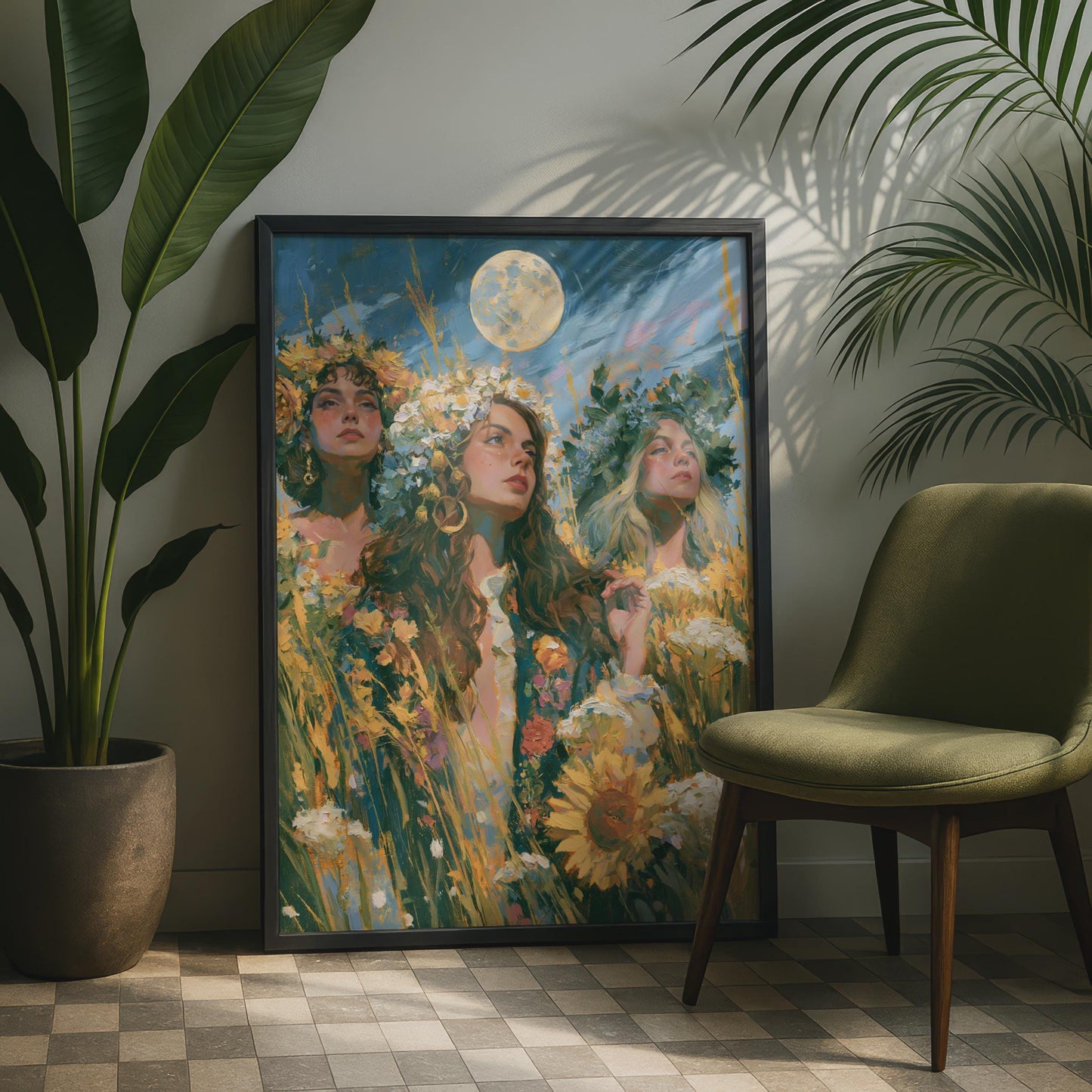 Three Goddesses Full Moon Print, Flower Crown Women, Botanical Celestial Wall Art Poster