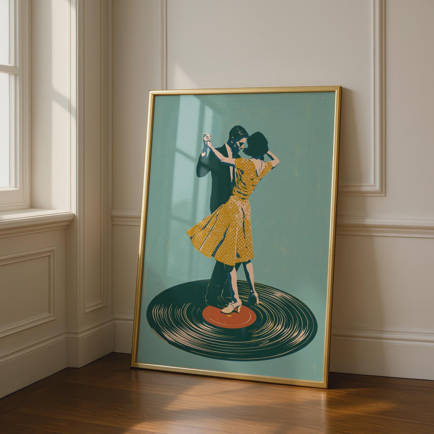 Dancing Couple Vinyl Record Print, Retro Music Poster, 1950s Dance Wall Art, Teal