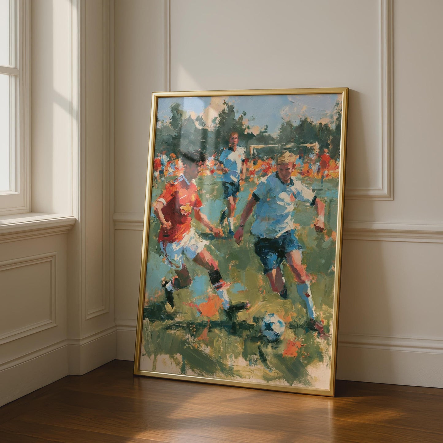Football Match Art Print, Oil Painting Style Soccer Poster, Boys Playing Football Wall Art