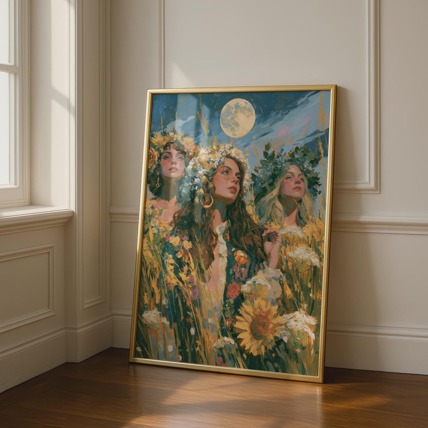 Three Goddesses Full Moon Print, Flower Crown Women, Botanical Celestial Wall Art Poster