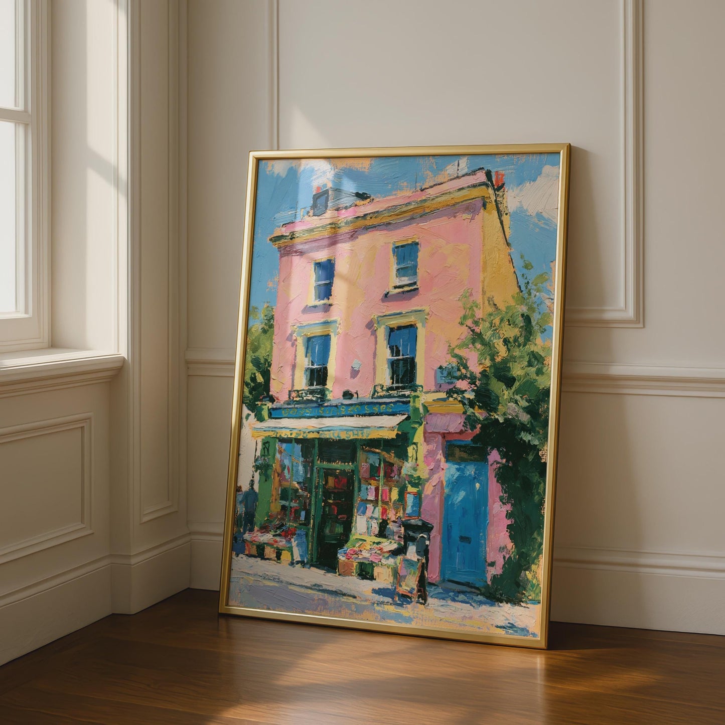 Bookshop Art Print, Colourful Street Scene Poster, Impasto Style Wall Art, Pink Building