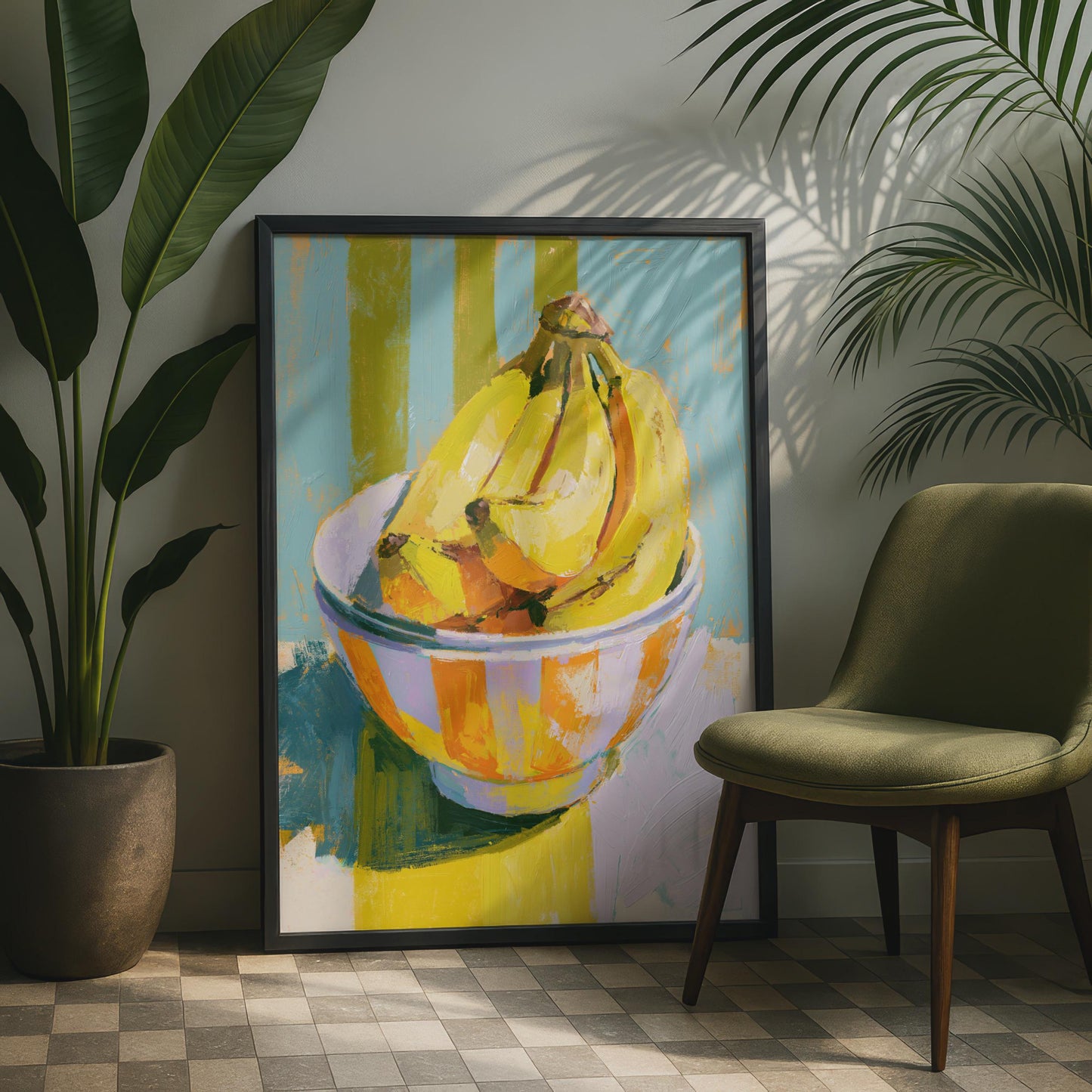 Banana Bowl Still Life Art Print, Colourful Kitchen Poster, Yellow Fruit Wall Art