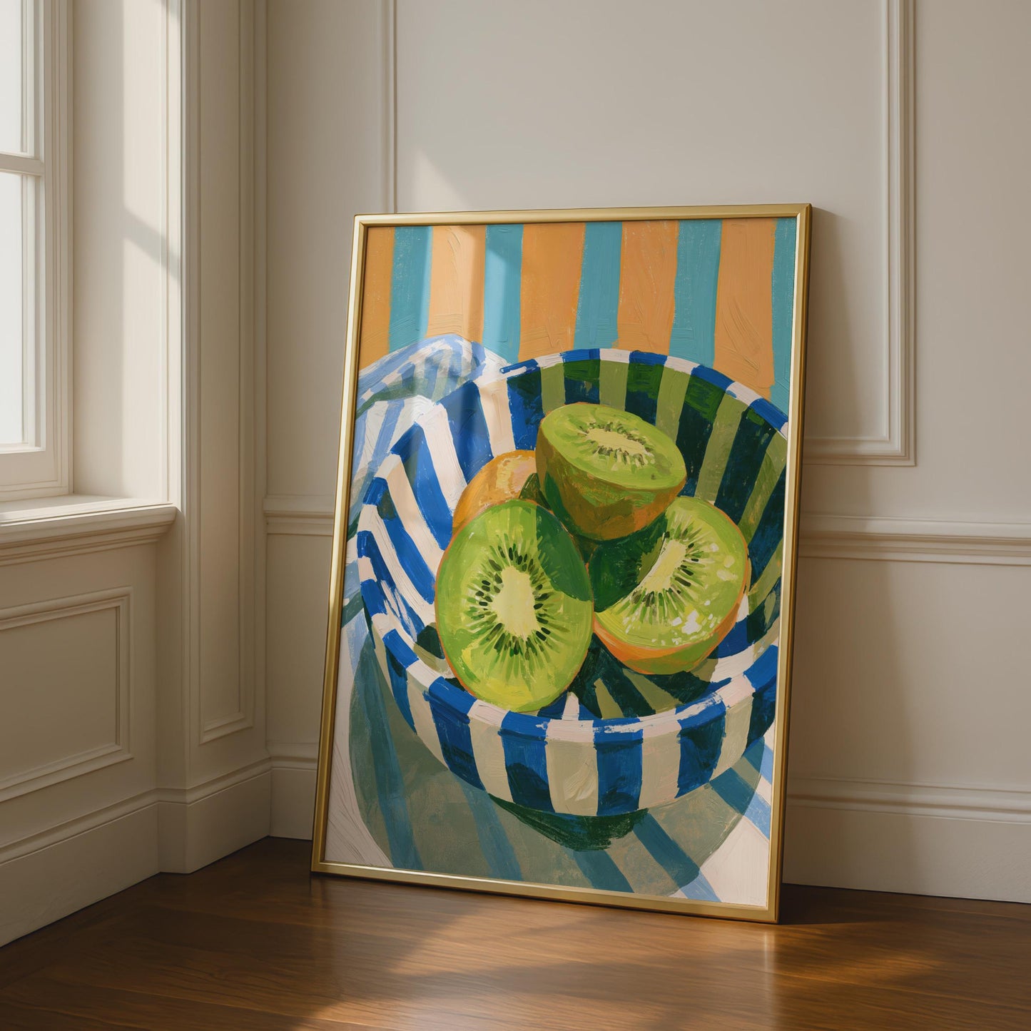 Kiwi Fruit Bowl Print, Still Life Kitchen Wall Art, Colourful Striped Poster