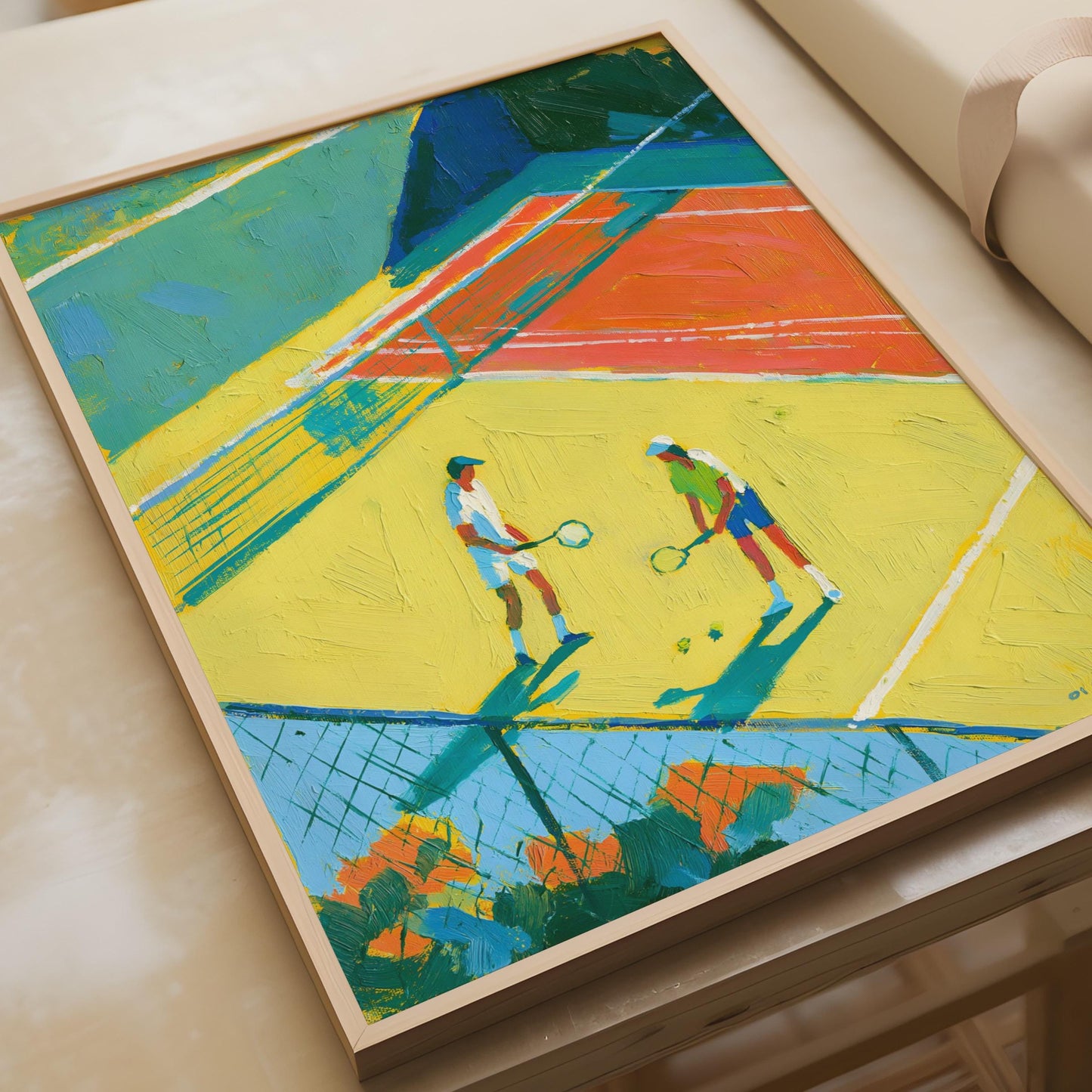 Tennis Court Art Print, Colourful Sport Poster, Bold Painterly Wall Art, Yellow Blue