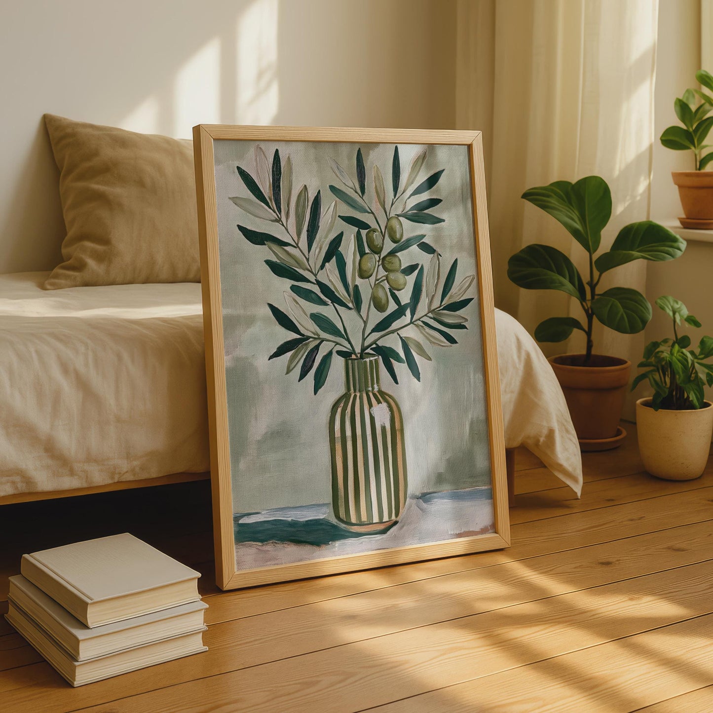 Olive Branch in Vase Print, Botanical Still Life Poster, Sage Green Wall Art, Kitchen Decor