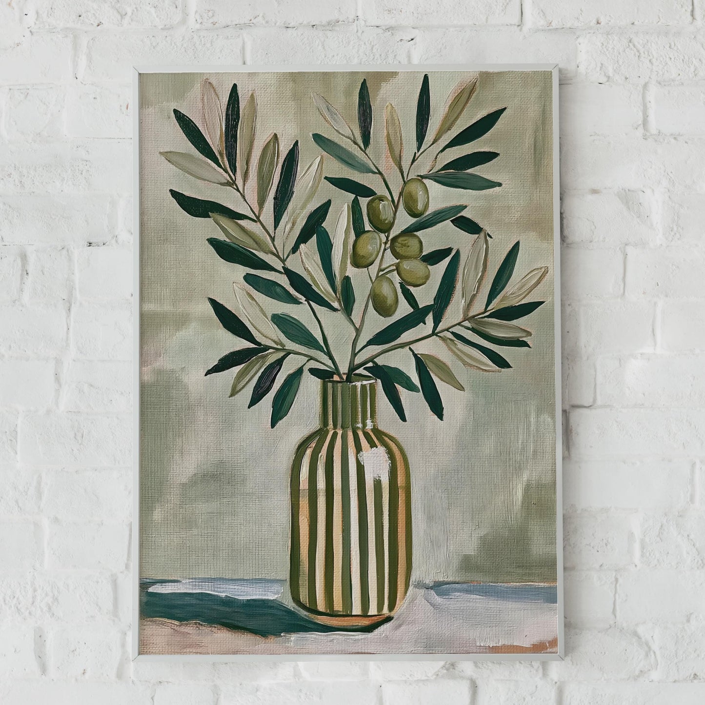 Olive Branch in Vase Print, Botanical Still Life Poster, Sage Green Wall Art, Kitchen Decor