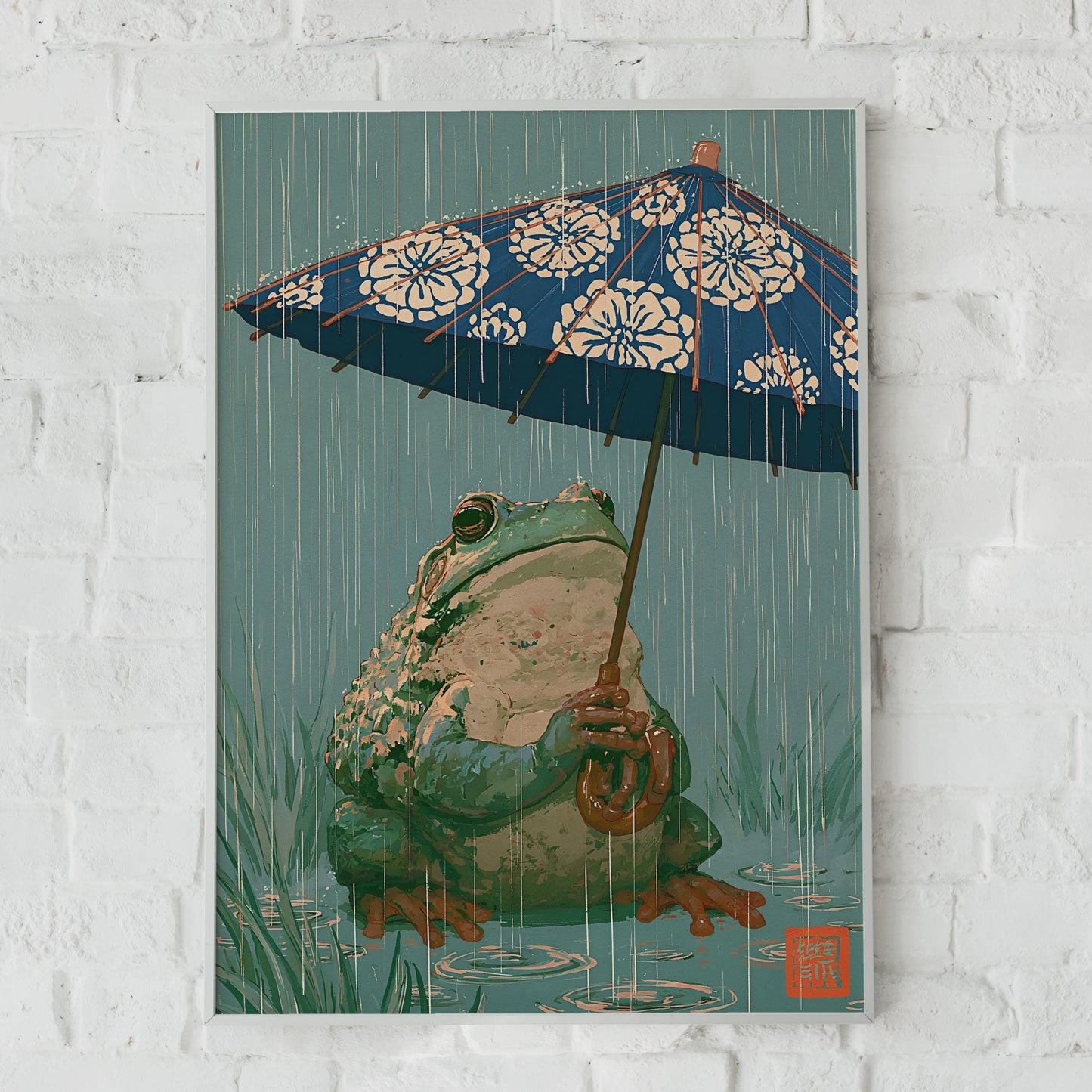 Frog With Umbrella Print, Japanese Woodblock Style, Frog Wall Art, Rain Poster