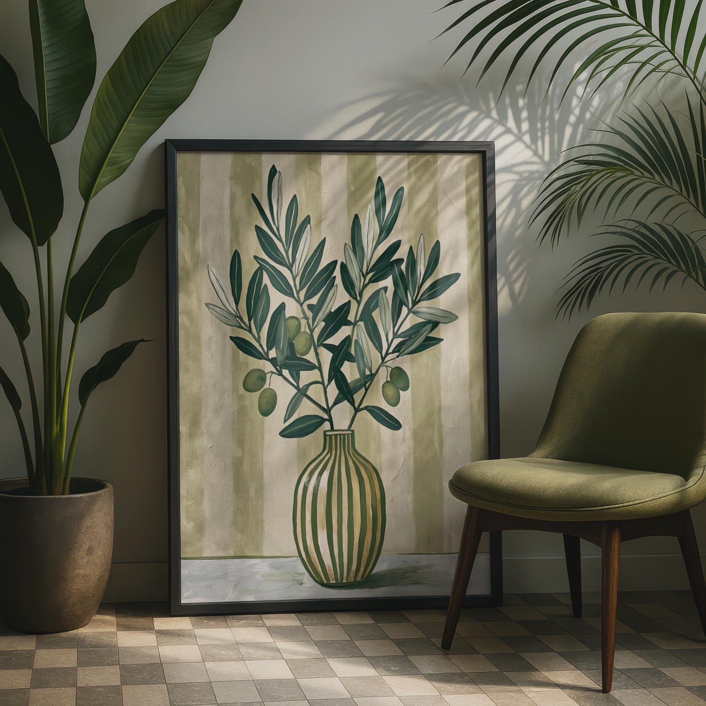 Olive Branch Vase Print, Botanical Wall Art, Green Neutral Still Life Poster