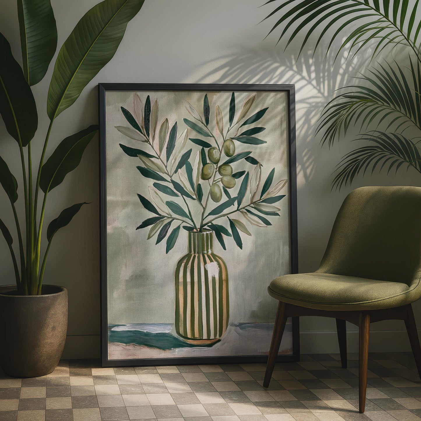 Olive Branch in Vase Print, Botanical Still Life Poster, Sage Green Wall Art, Kitchen Decor