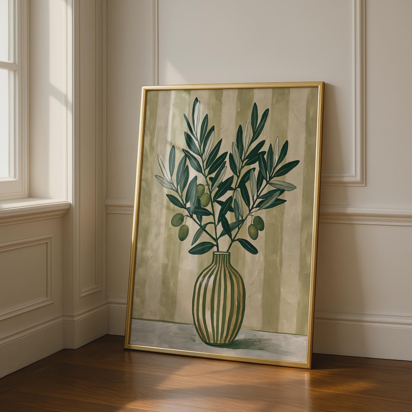 Olive Branch Vase Print, Botanical Wall Art, Green Neutral Still Life Poster