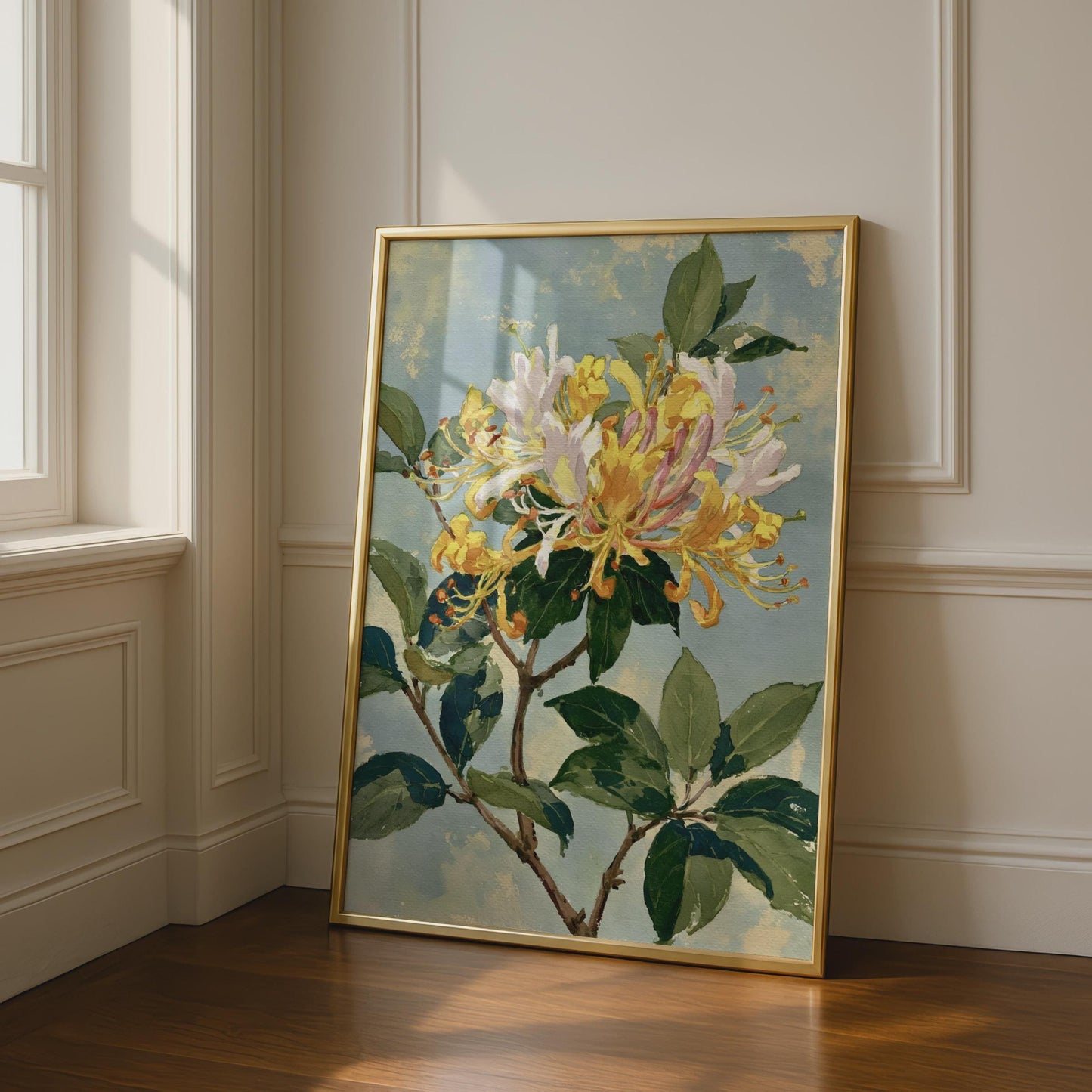 Honeysuckle Botanical Print, Yellow Floral Wall Art, Vintage Style Flower Poster