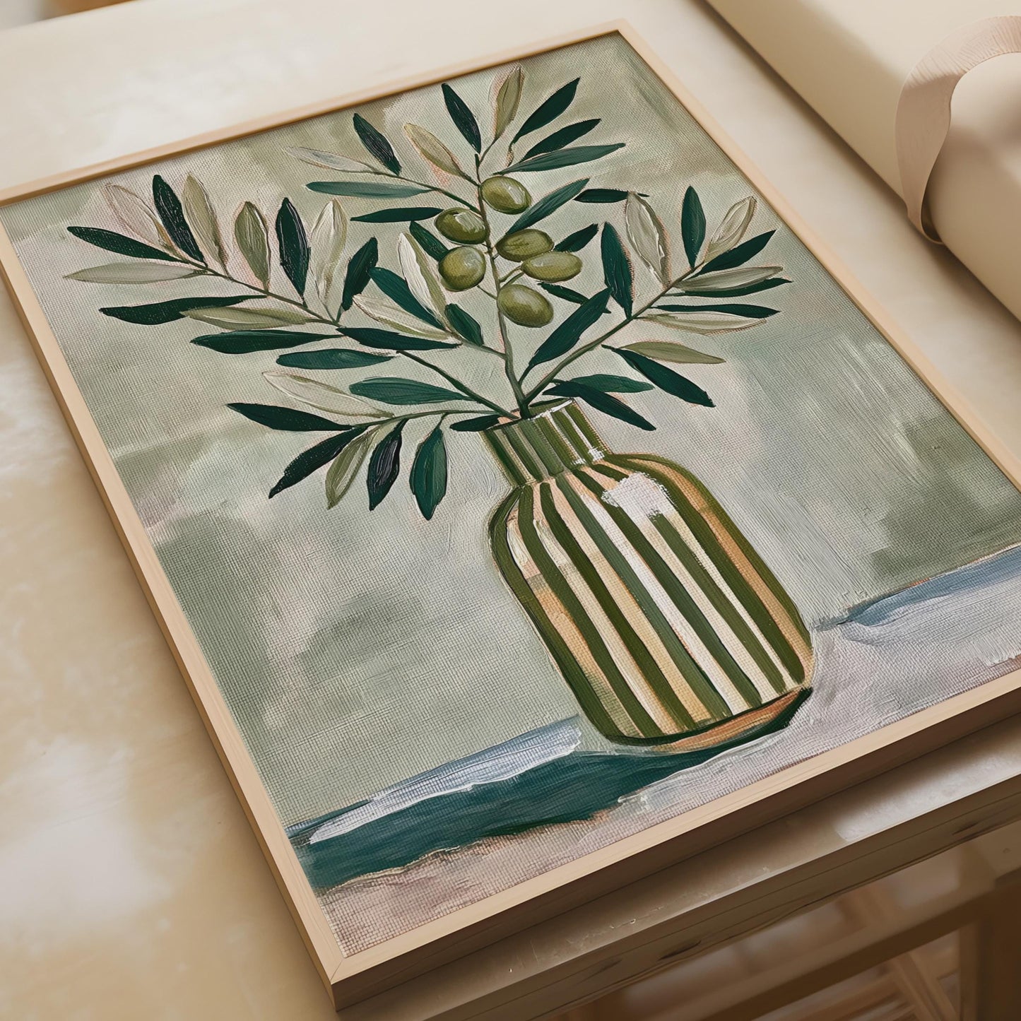 Olive Branch in Vase Print, Botanical Still Life Poster, Sage Green Wall Art, Kitchen Decor