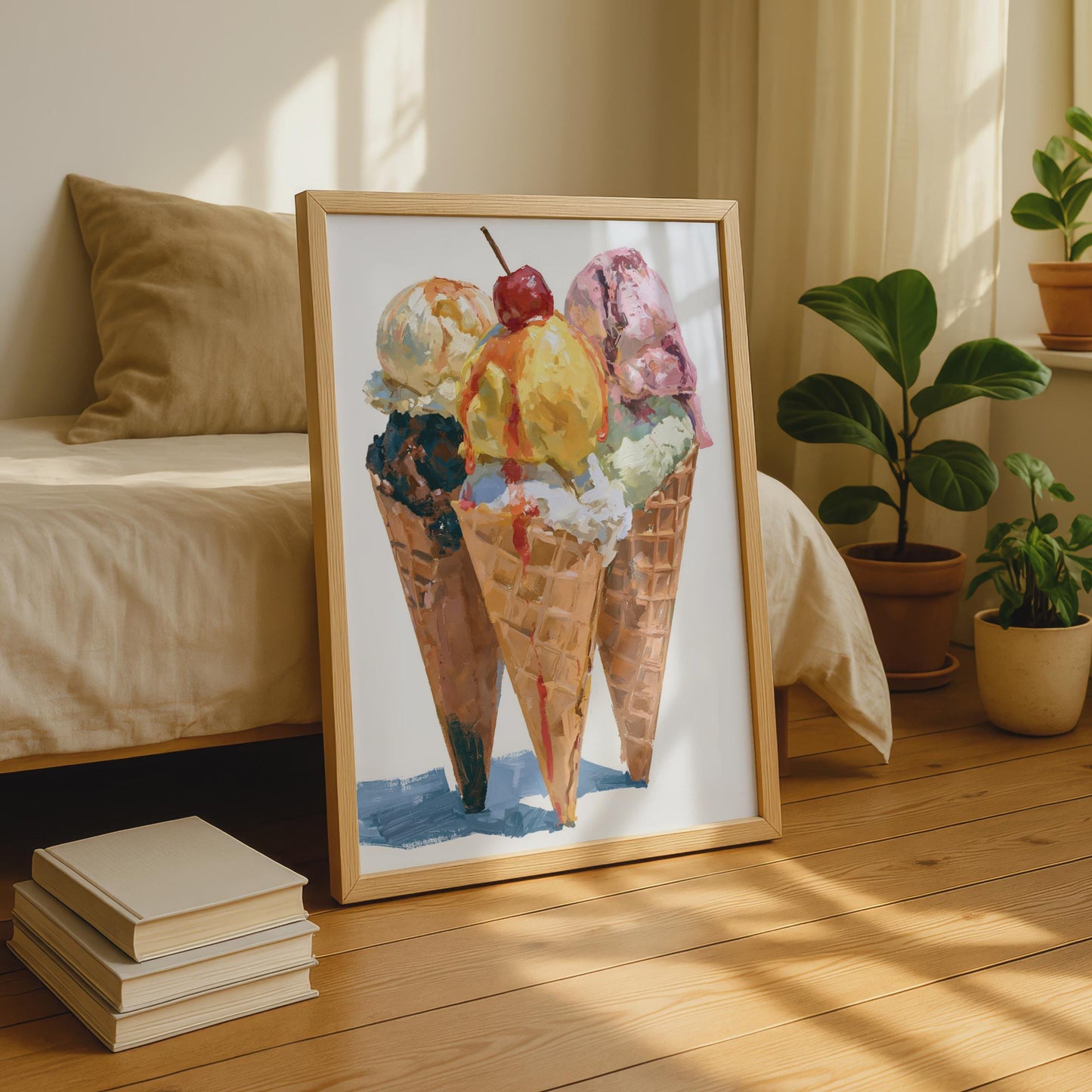Ice Cream Cone Art Print, Three Cornets Poster, Retro Food Wall Art, Kitchen Decor