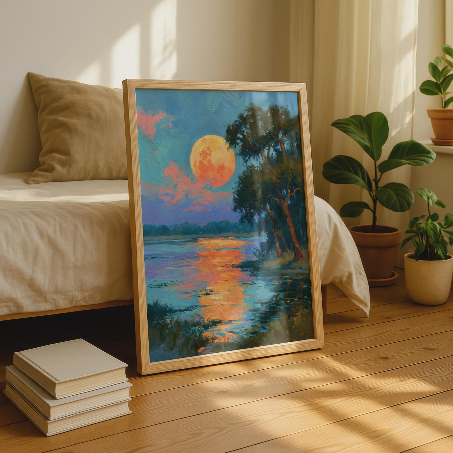 Sunset Moon River Art Print, Impressionist Landscape Poster, Orange Blue Wall Art