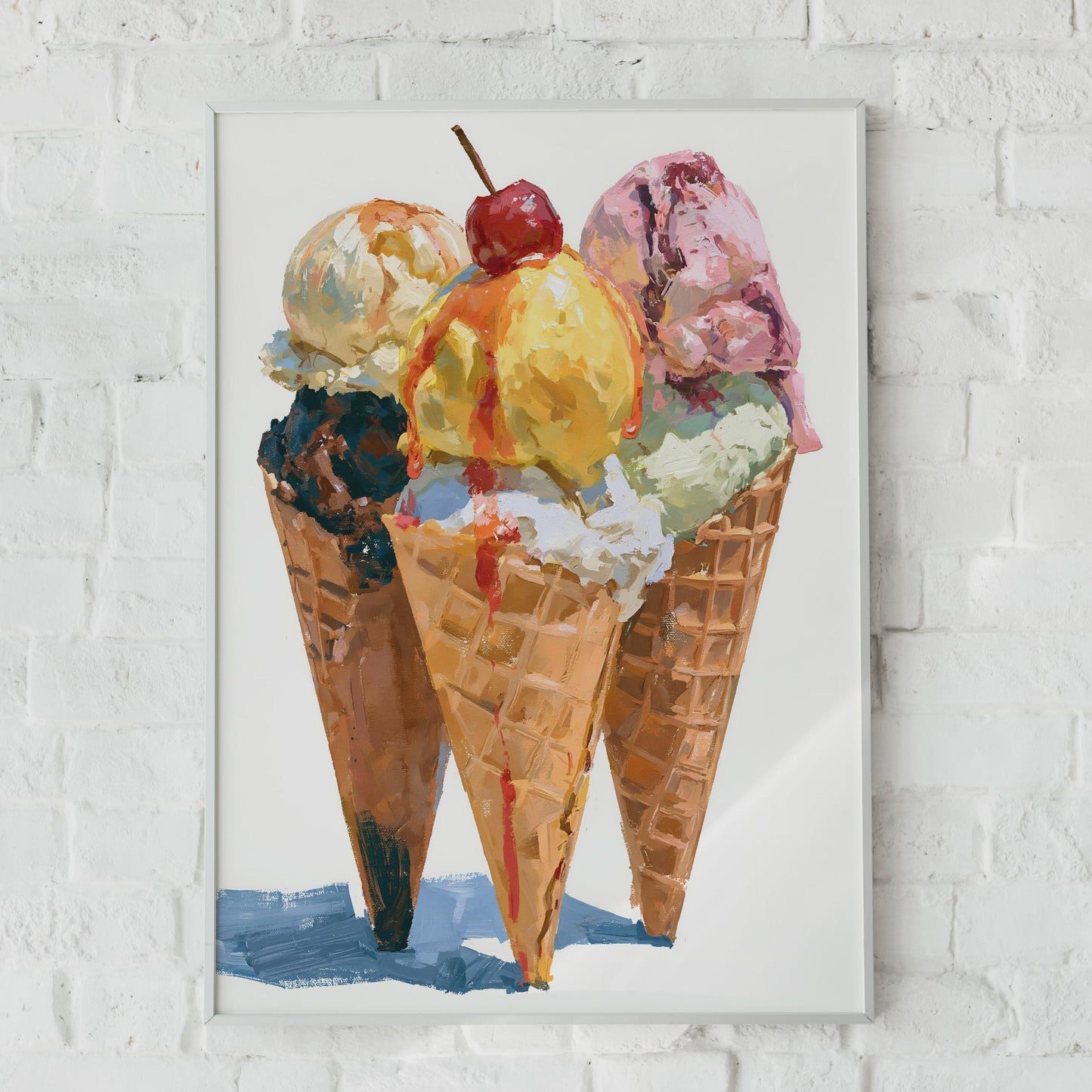 Ice Cream Cone Art Print, Three Cornets Poster, Retro Food Wall Art, Kitchen Decor