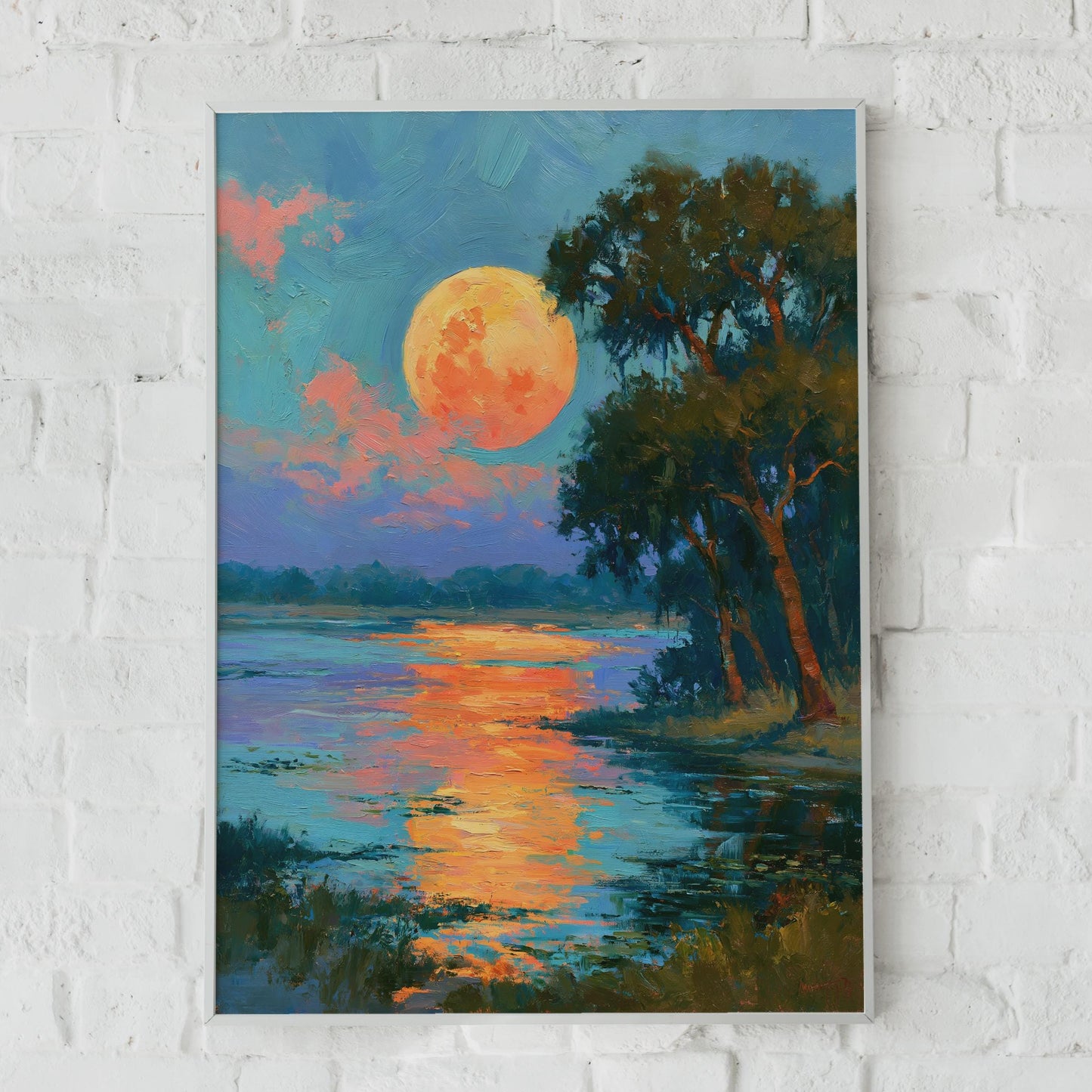 Sunset Moon River Art Print, Impressionist Landscape Poster, Orange Blue Wall Art