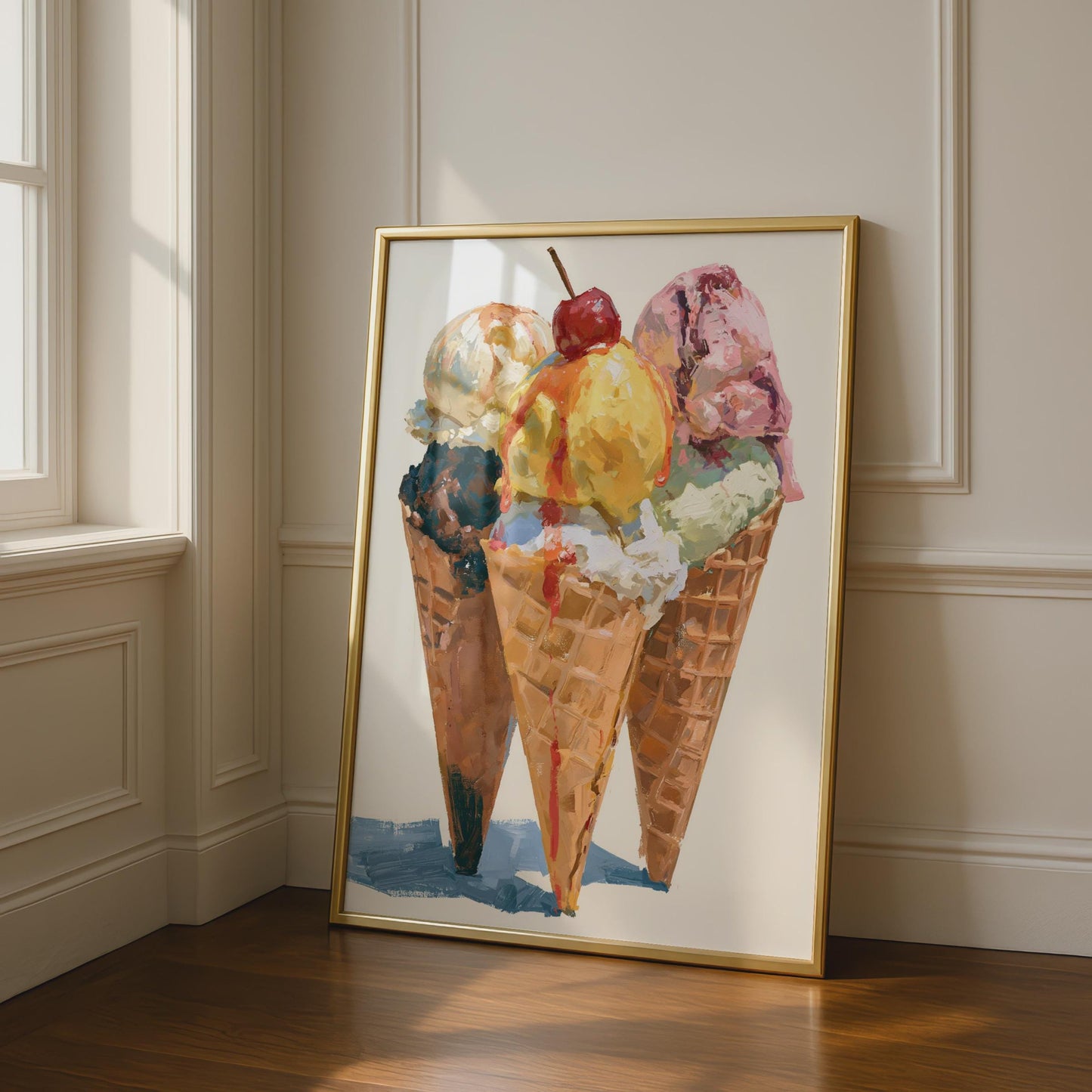 Ice Cream Cone Art Print, Three Cornets Poster, Retro Food Wall Art, Kitchen Decor