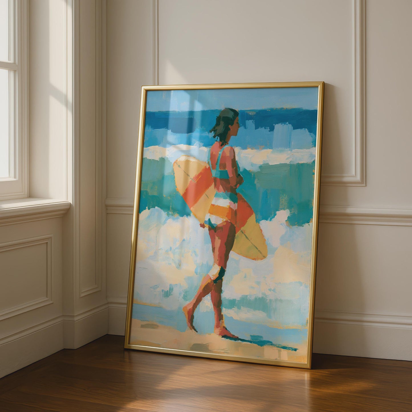 Female Surfer Art Print, Beach Wall Art, Ocean Poster, Surf Girl, Teal Blue Coastal Decor