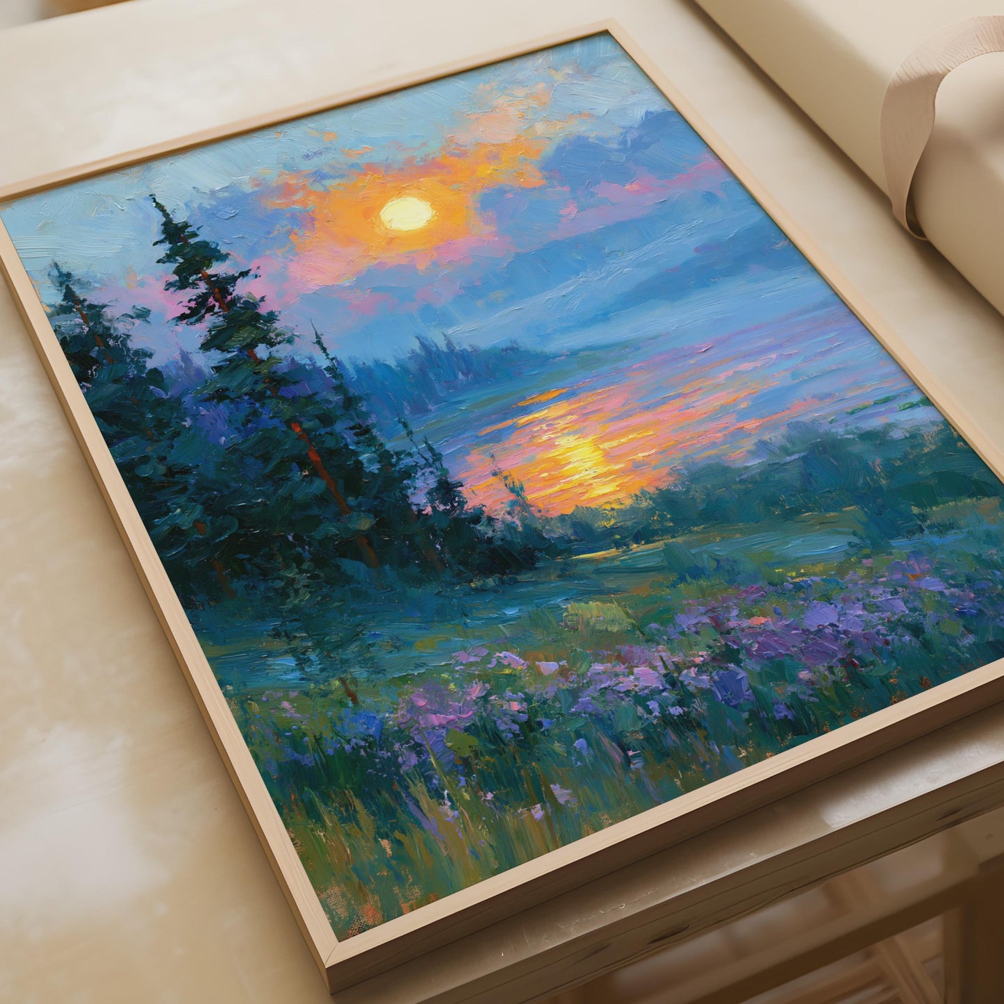 Sunset Lake Landscape Art Print, Impressionist Nature Poster, Pine Trees Wall Art
