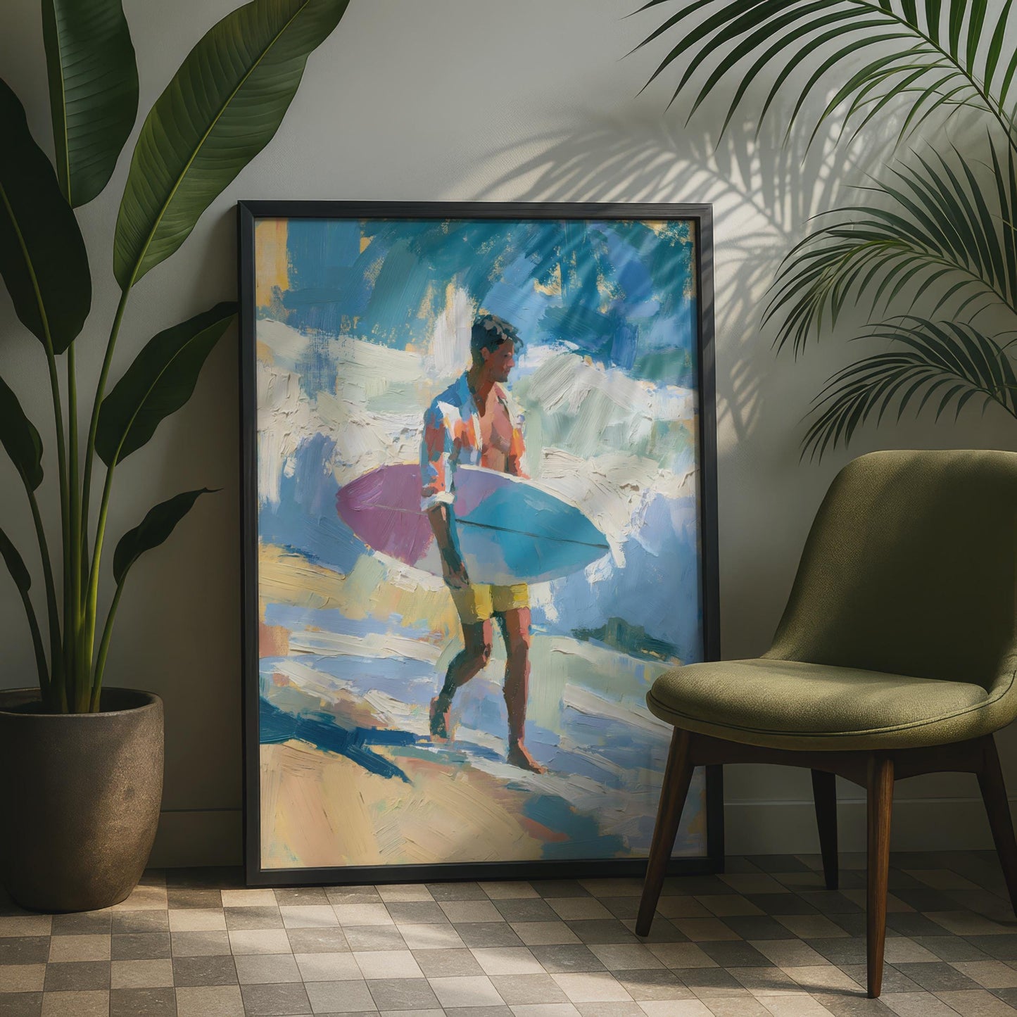 Surfer Wall Art Print, Male Surfer Poster, Beach Painting, Coastal Decor, Surf Art