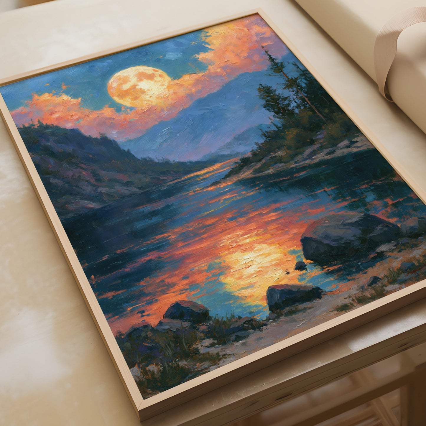 Full Moon Mountain River Sunset Art Print, Oil Painting Style Landscape Poster