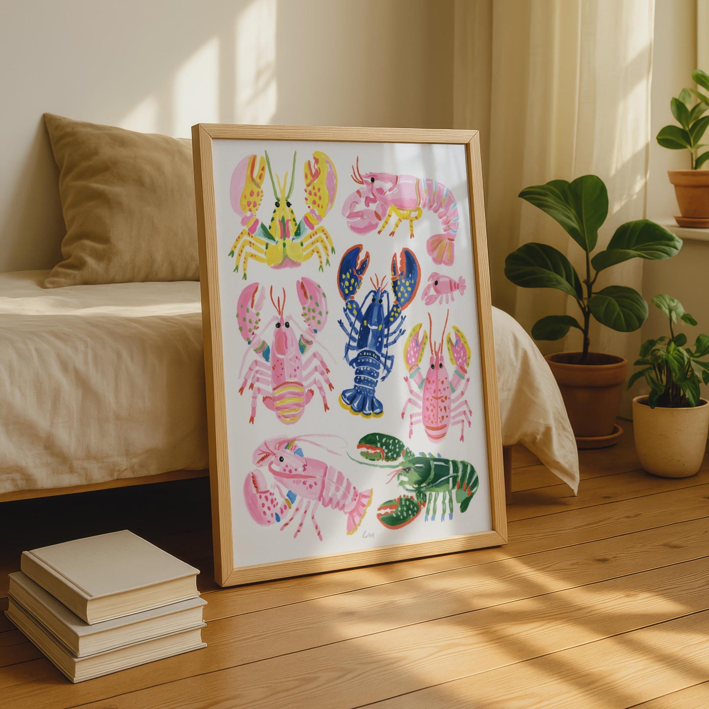 Colourful Lobster Art Print, Nautical Wall Art, Pink Blue Green Sea Print
