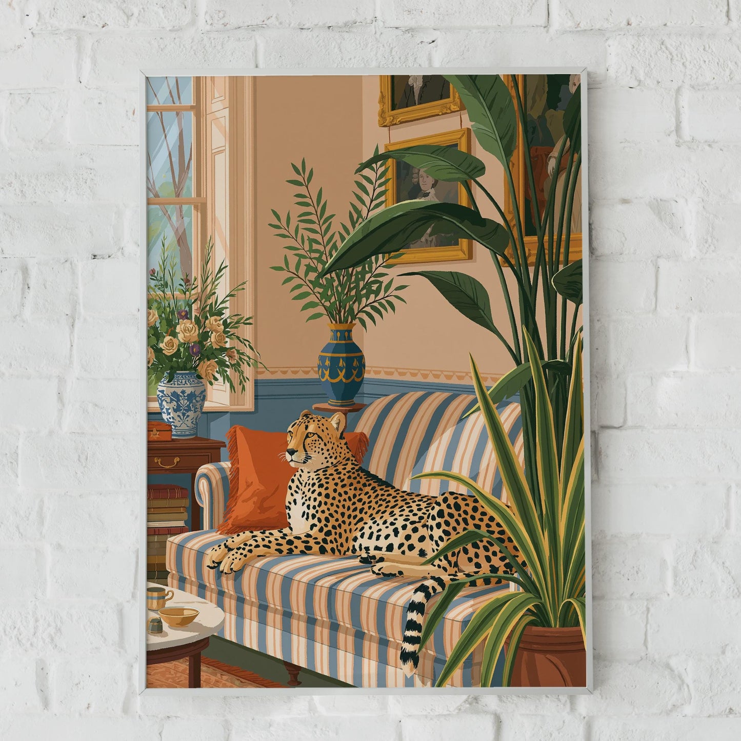 Cheetah on Sofa Art Print, Maximalist Living Room Poster, Wild Cat Wall Decor