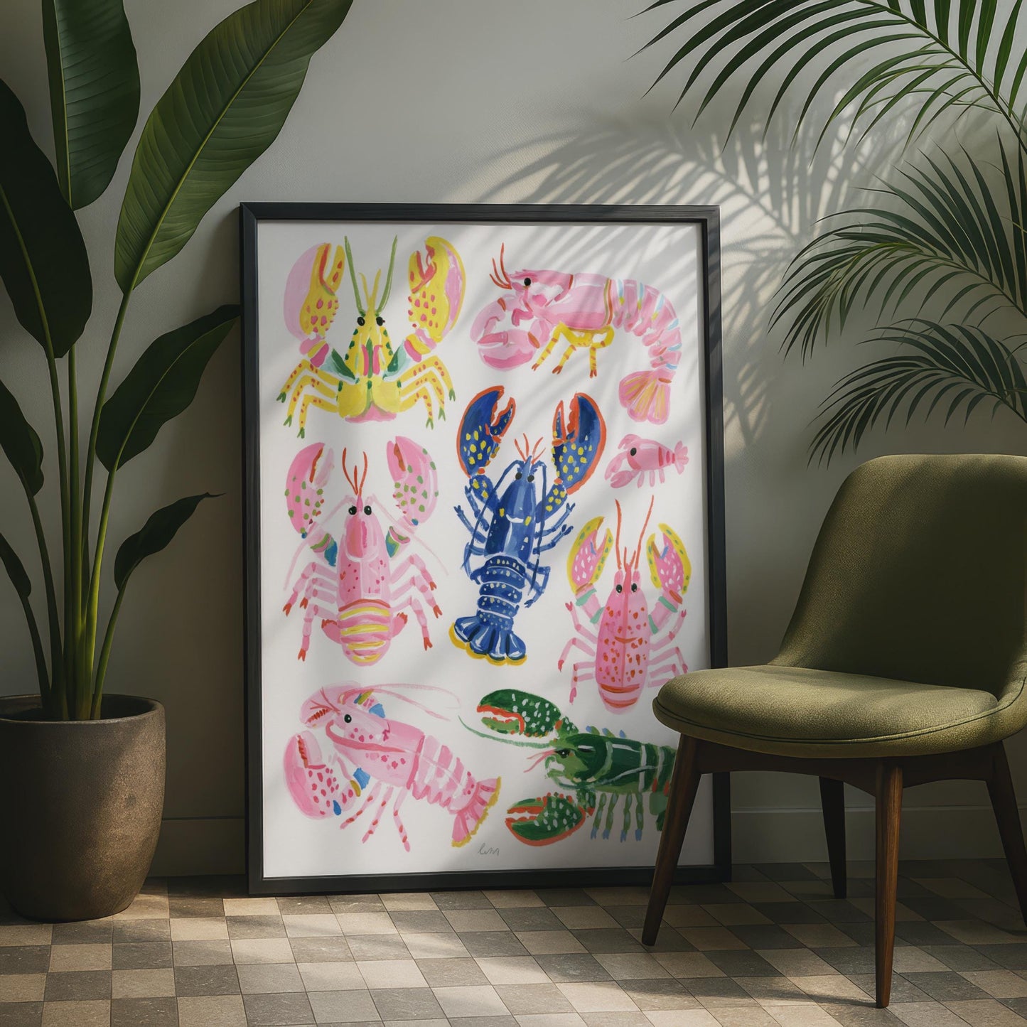 Colourful Lobster Art Print, Nautical Wall Art, Pink Blue Green Sea Print