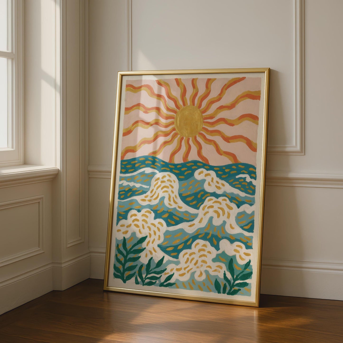 Ocean Waves Sun Print, Boho Beach Wall Art, Teal Blue Gold Coastal Poster, Retro Surf Decor