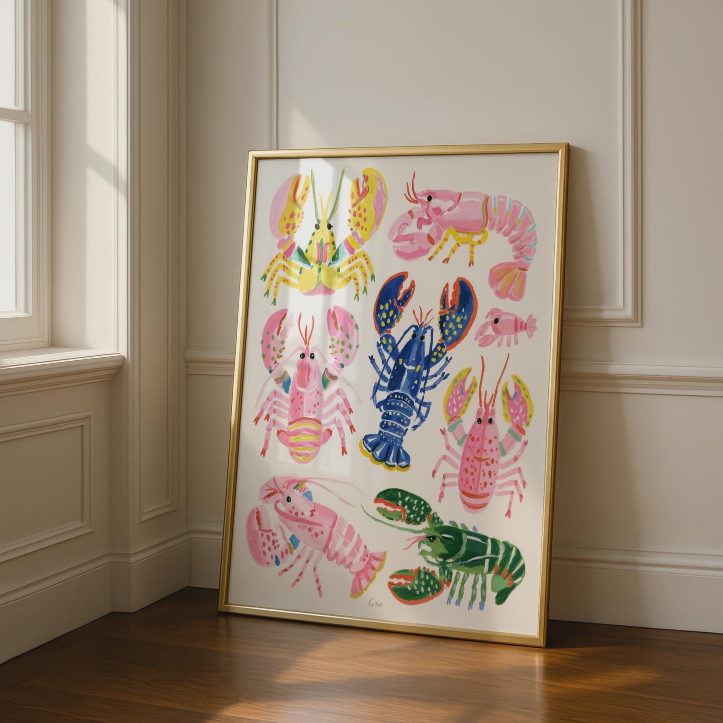 Colourful Lobster Art Print, Nautical Wall Art, Pink Blue Green Sea Print