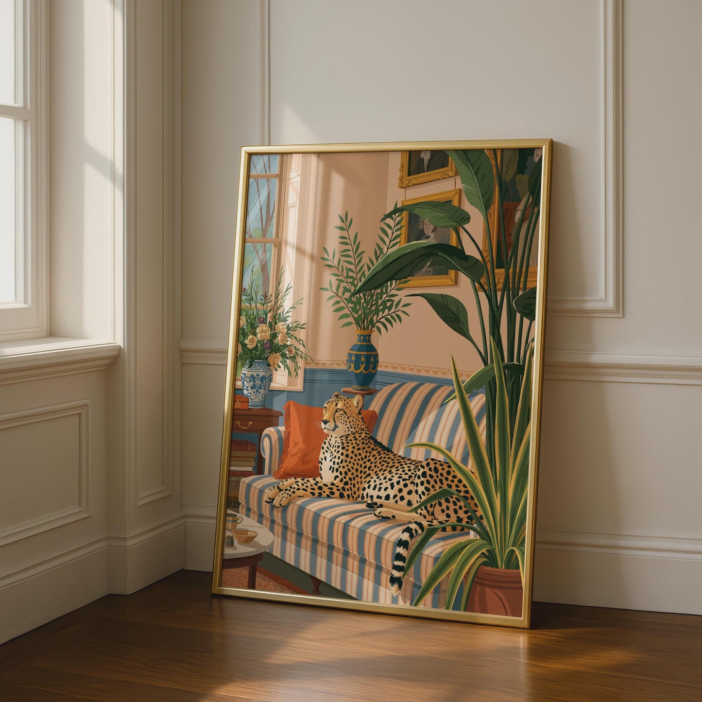 Cheetah on Sofa Art Print, Maximalist Living Room Poster, Wild Cat Wall Decor