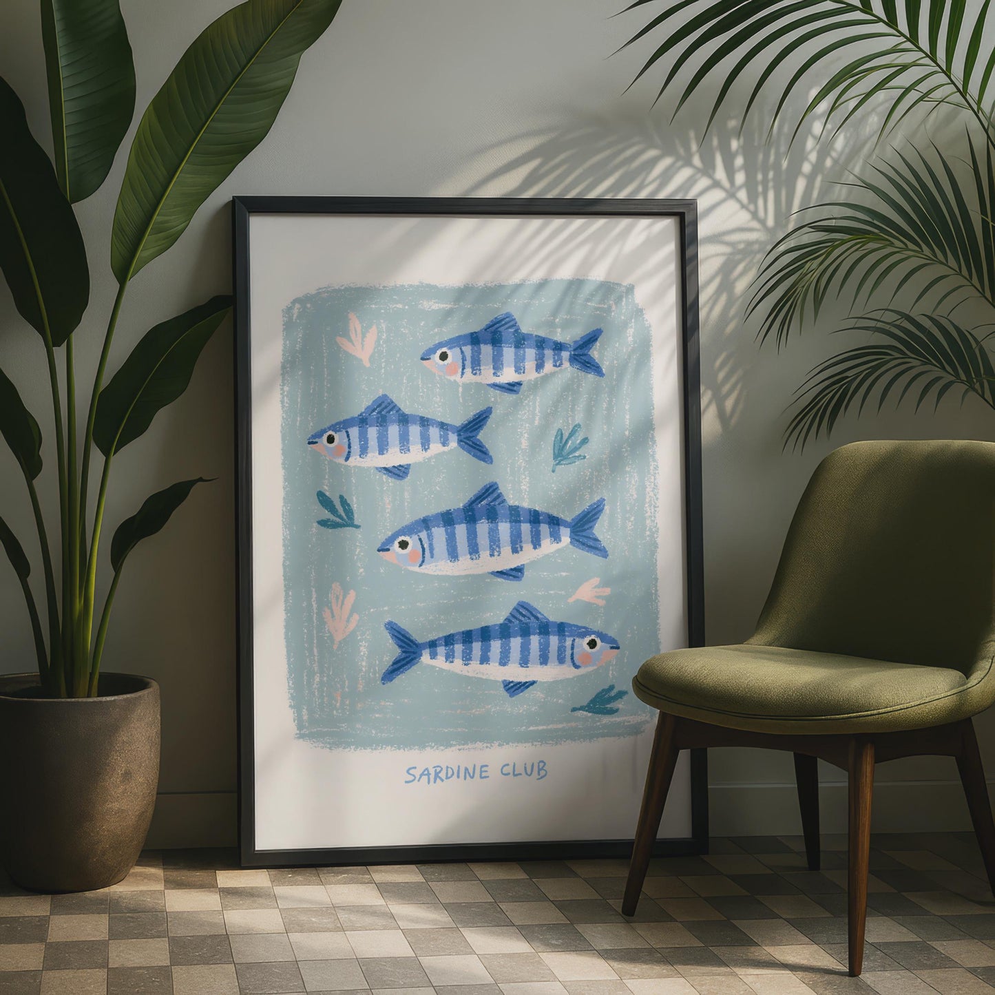 Sardine Club Fish Art Print, Blue Cream Coastal Wall Art, Cute Fish Poster, Ocean Nursery Decor