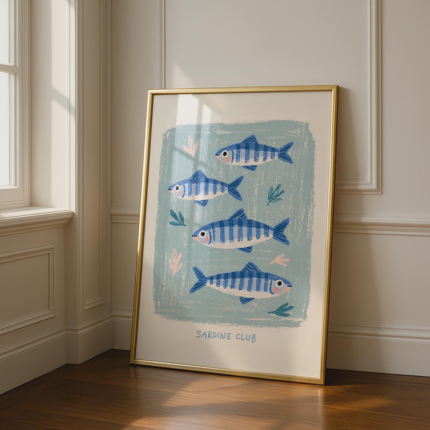 Sardine Club Fish Art Print, Blue Cream Coastal Wall Art, Cute Fish Poster, Ocean Nursery Decor