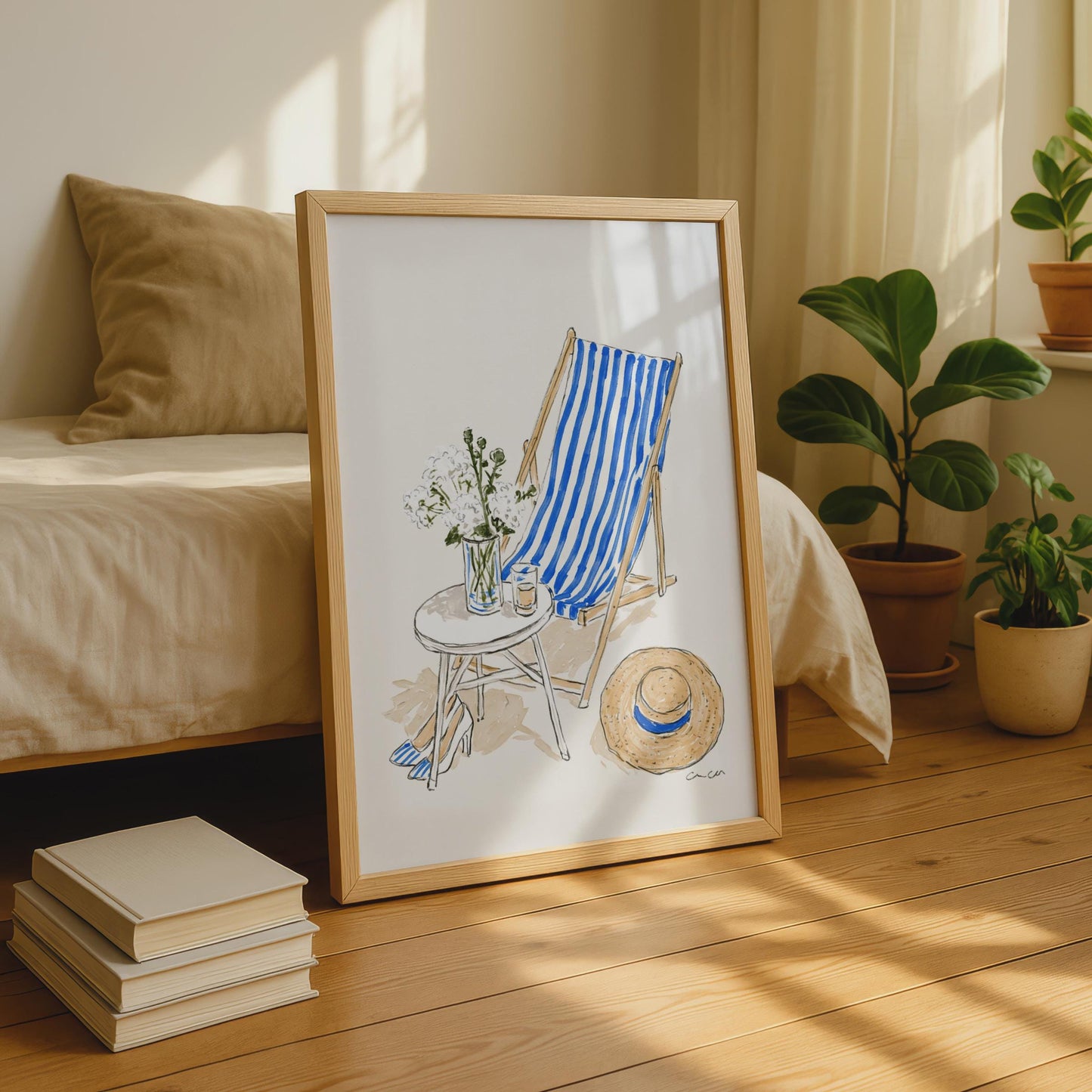 Blue Striped Deckchair Art Print, Summer Beach Wall Decor, Relaxation Poster, Floral Still Life,