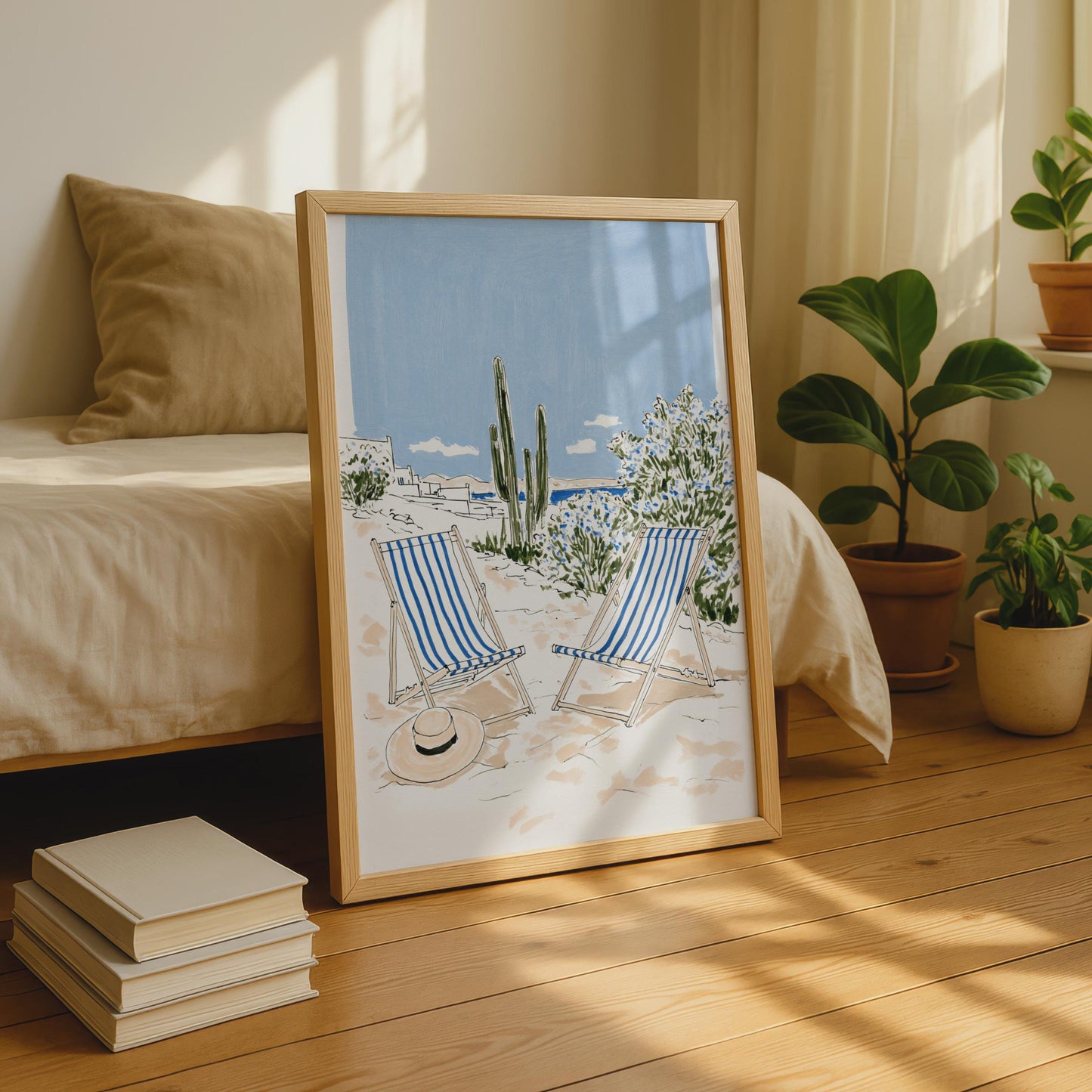 Beach Scene Art Print, Deckchairs and Straw Hat, Coastal Wall Art, Blue and White Decor, Summer