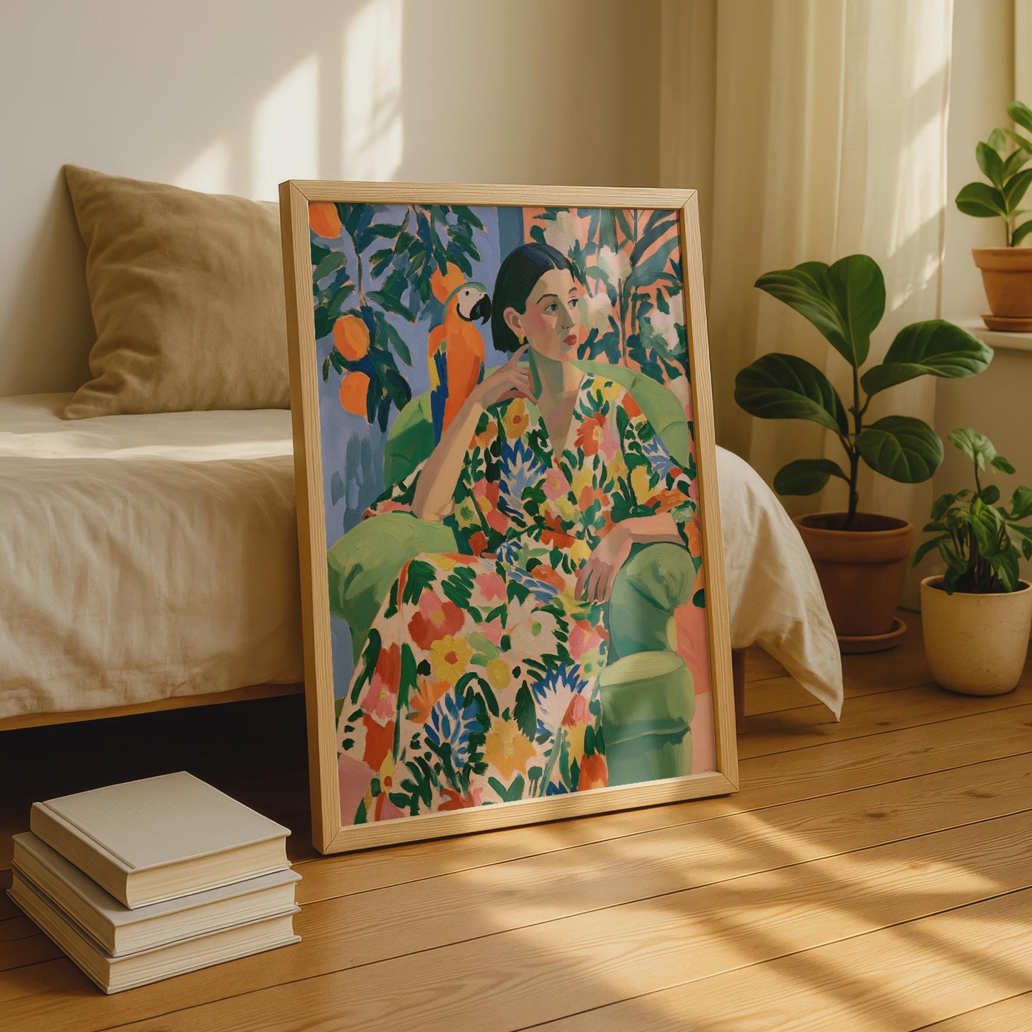 Vibrant Floral Portrait, Lady in Colourful Dress with Parrot, Wall Art Print, Contemporary Decor,