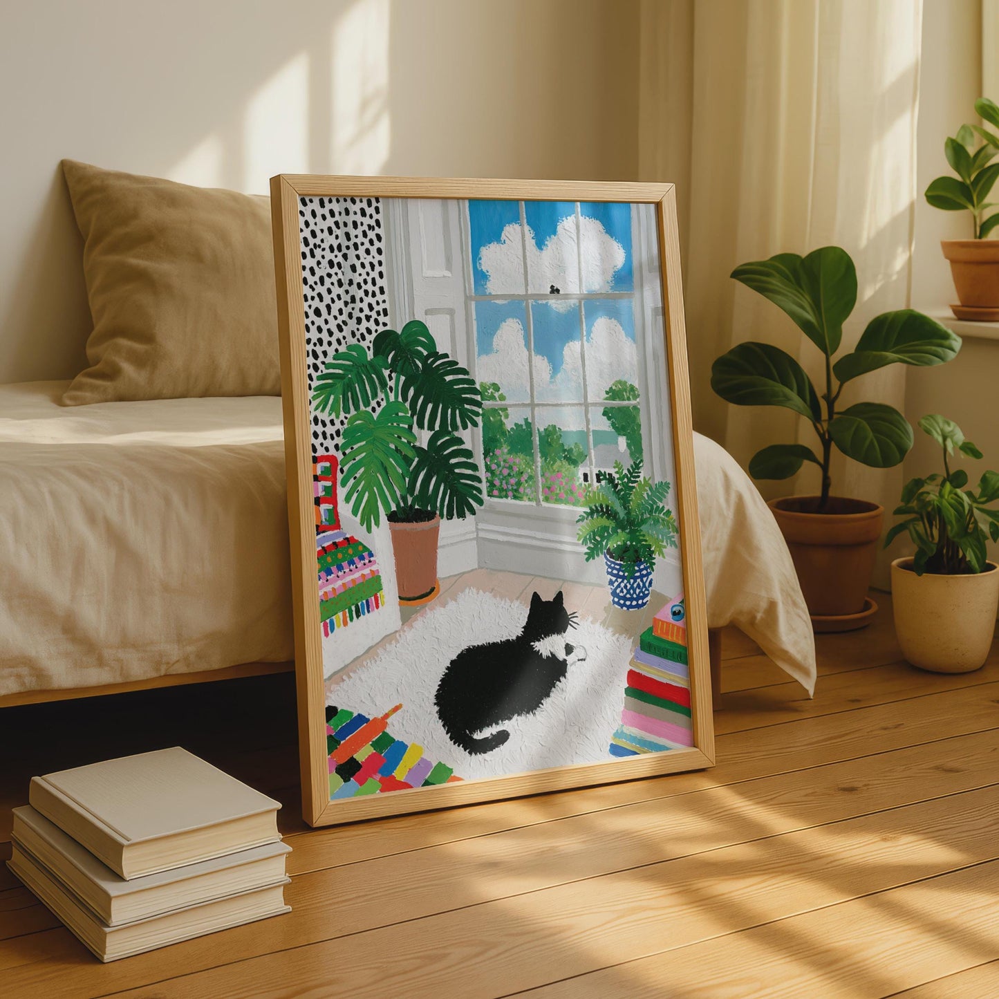 Vibrant Black Cat Looking Through Window, Colourful Home Decor, Cat Art Print, Botanical Wall Art