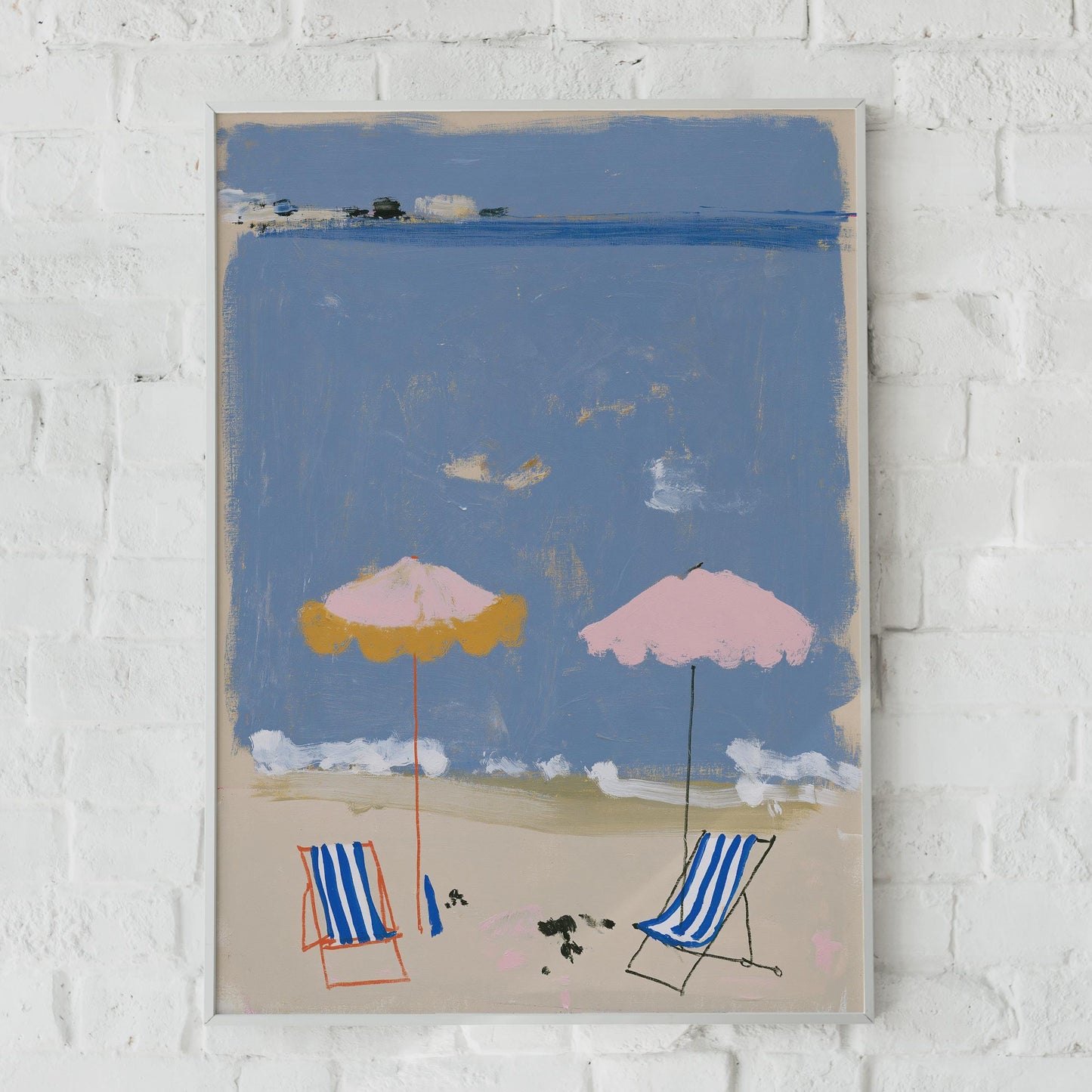 Beach Scene with Deckchairs, Beach Umbrellas, Coastal Art, Summer Decor, Abstract Print